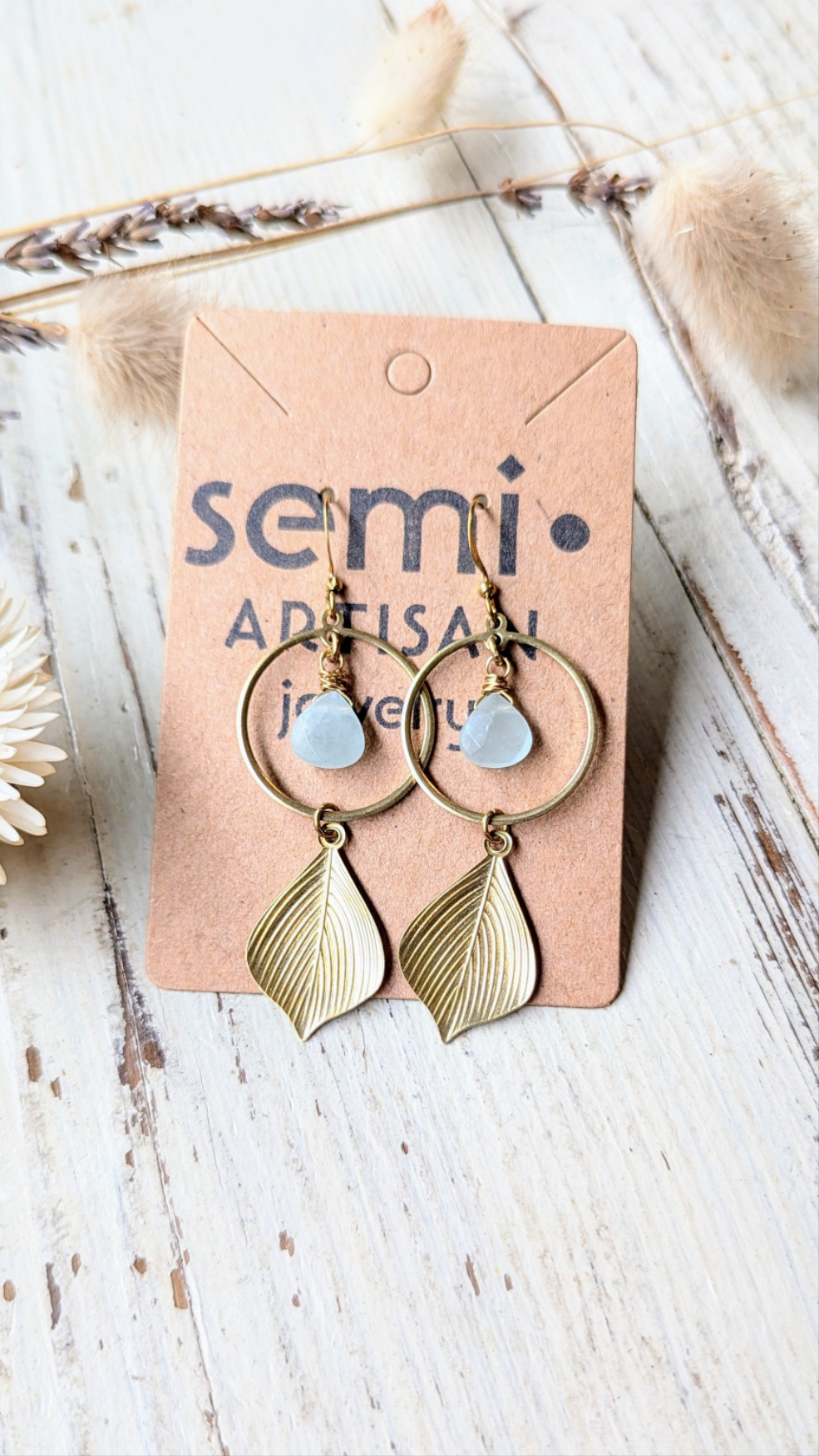 Gemstone + Brass Leaf Earrings