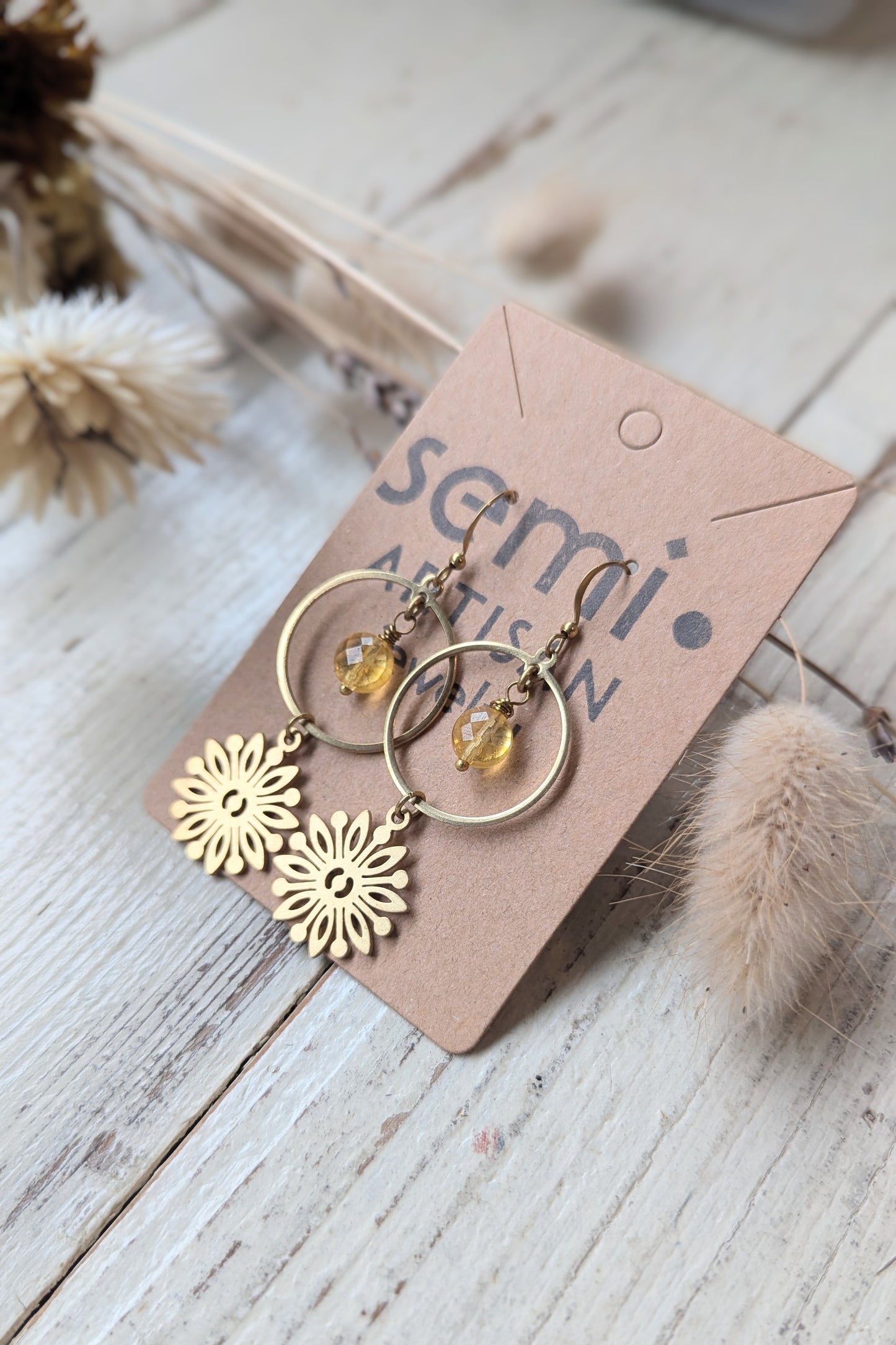 Citrine + Sunflower Brass Earrings