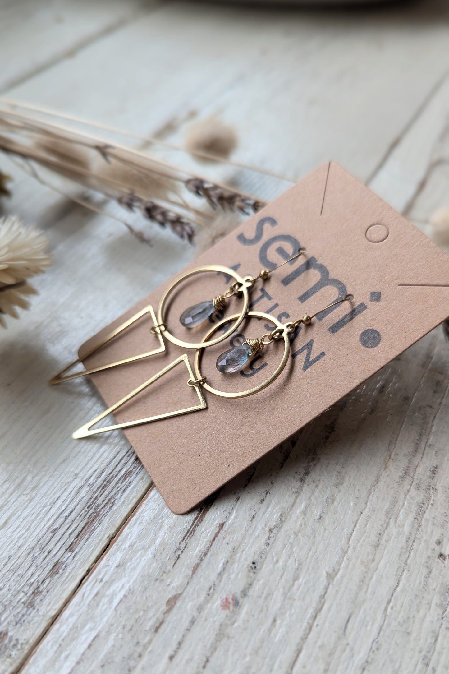 Faceted Gemstone + Geometric Brass Earrings