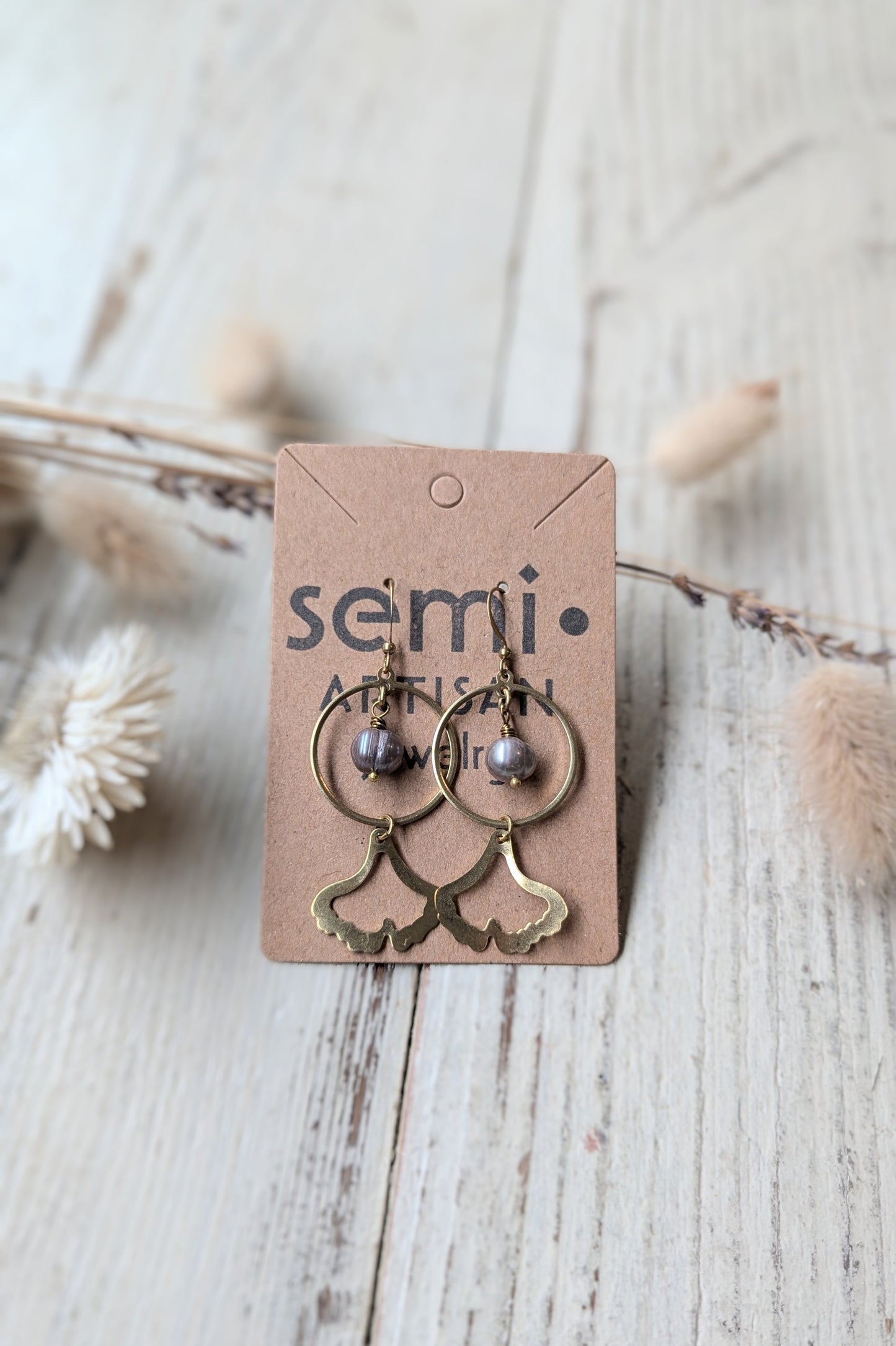 Gemstone + Brass Gingko Leaf Earrings