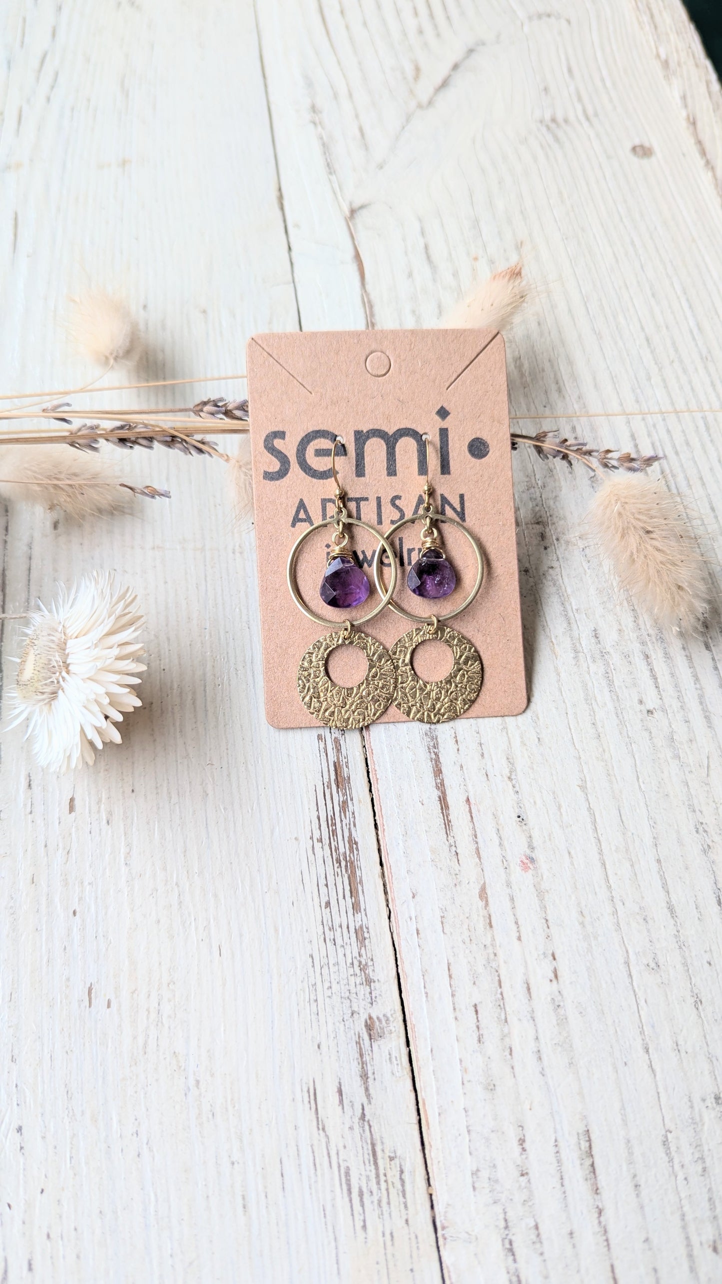 Faceted Gemstone + Textured Brass Earrings