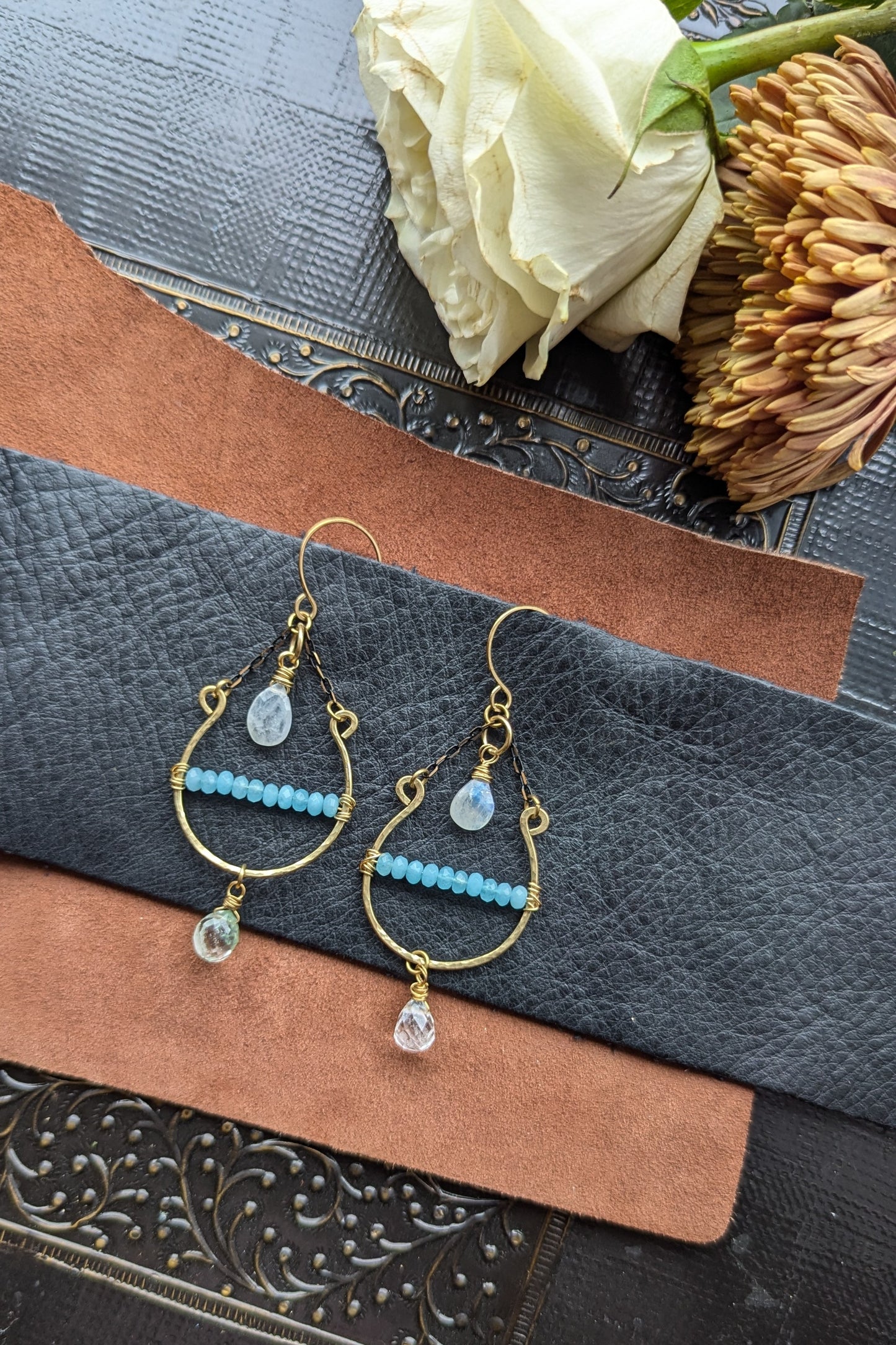Handcrafted Brass Earrings with Moonstone, Sky Blue Jade, and Moss Agate