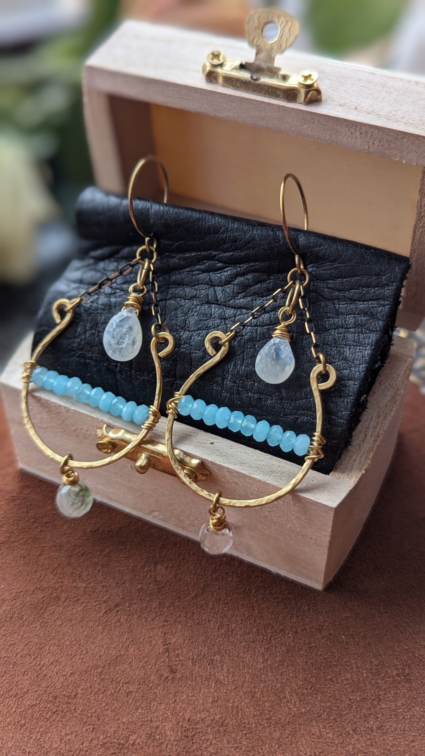 Handcrafted Brass Earrings with Moonstone, Sky Blue Jade, and Moss Agate