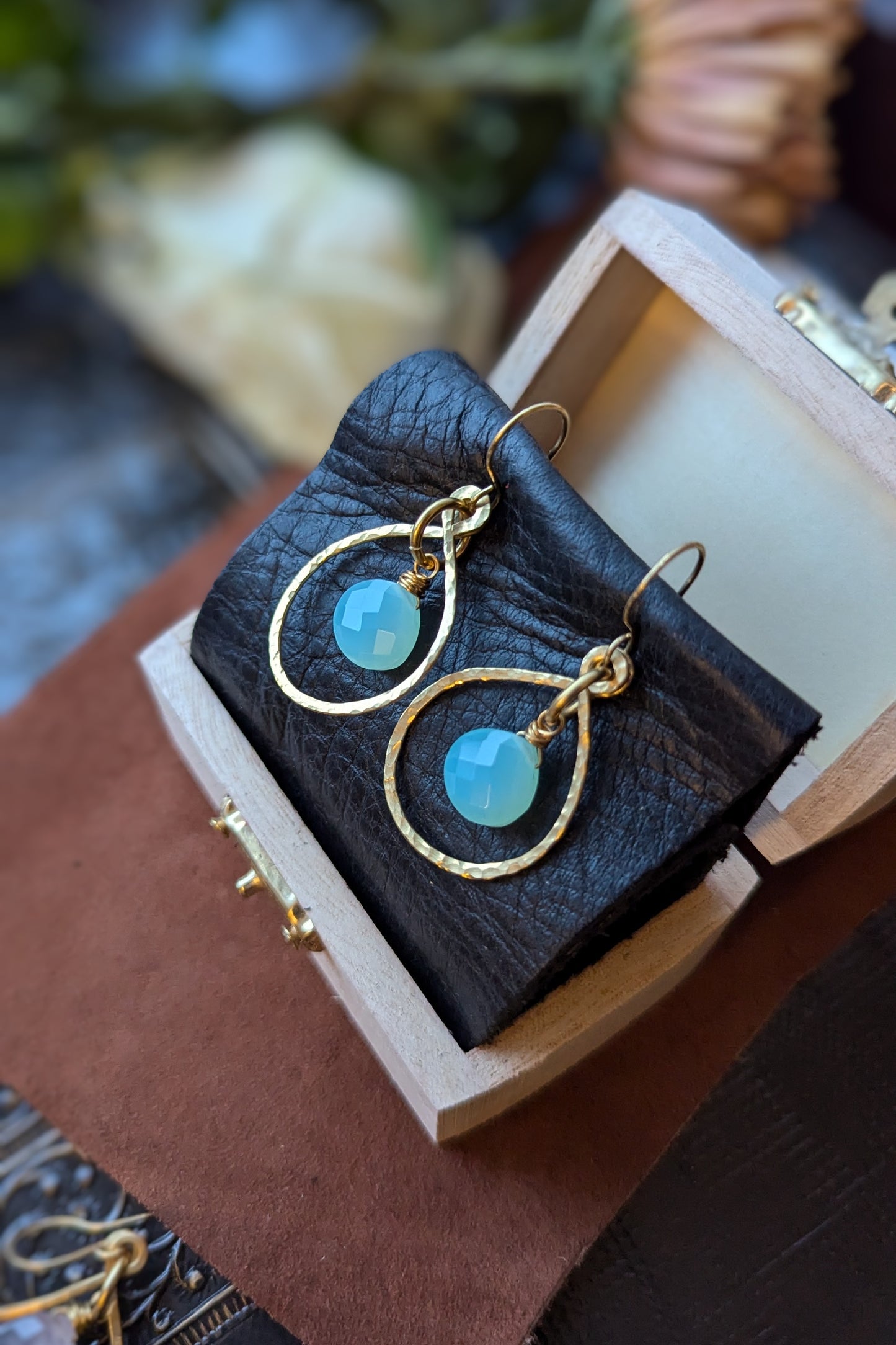 Handcrafted Yellow Brass Hoops with Aqua Blue Chalcedony Earrings