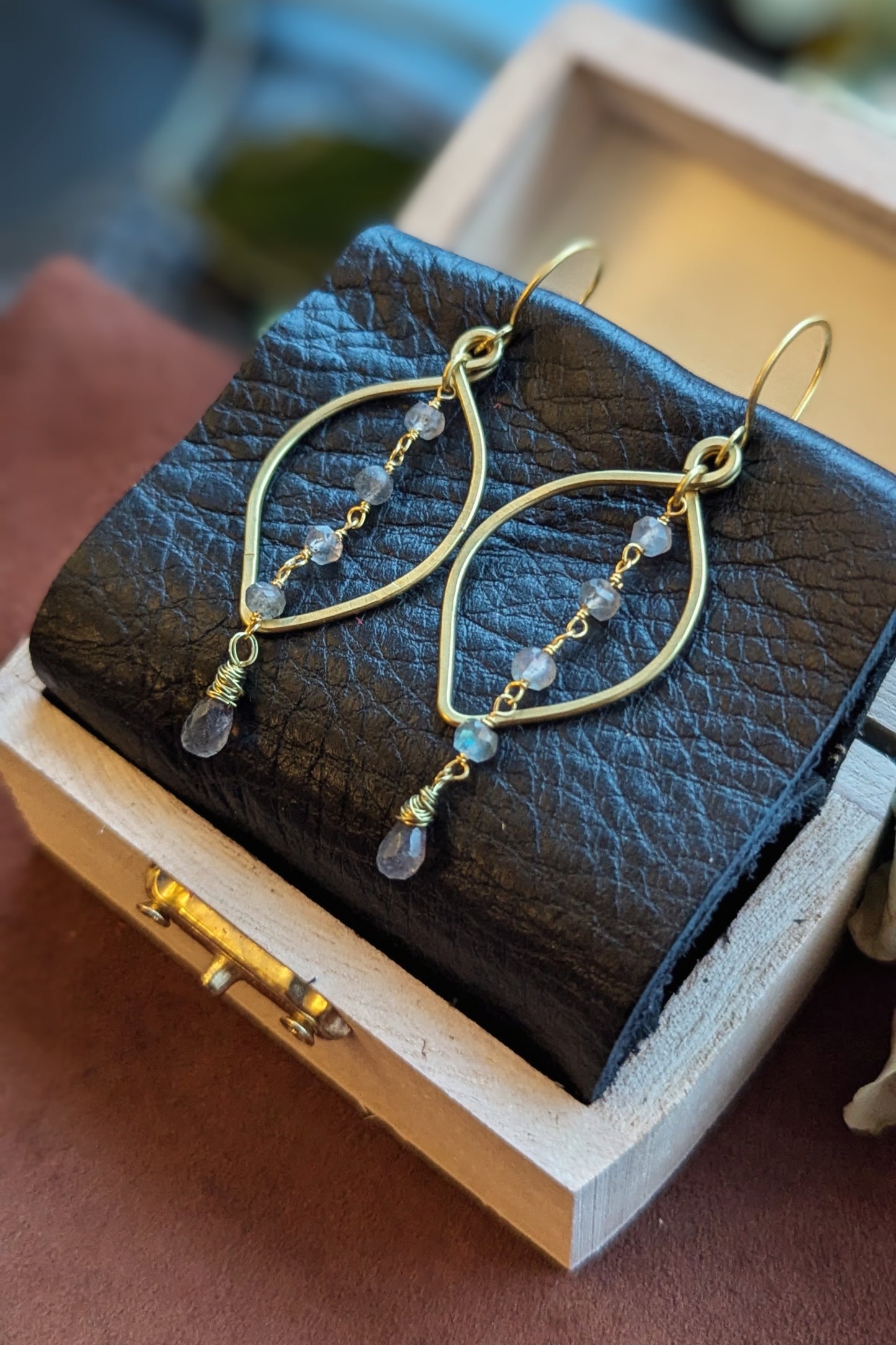 Handcrafted Yellow Brass Leaf Hoops with Labradorite Rosary Chain and Teardrop