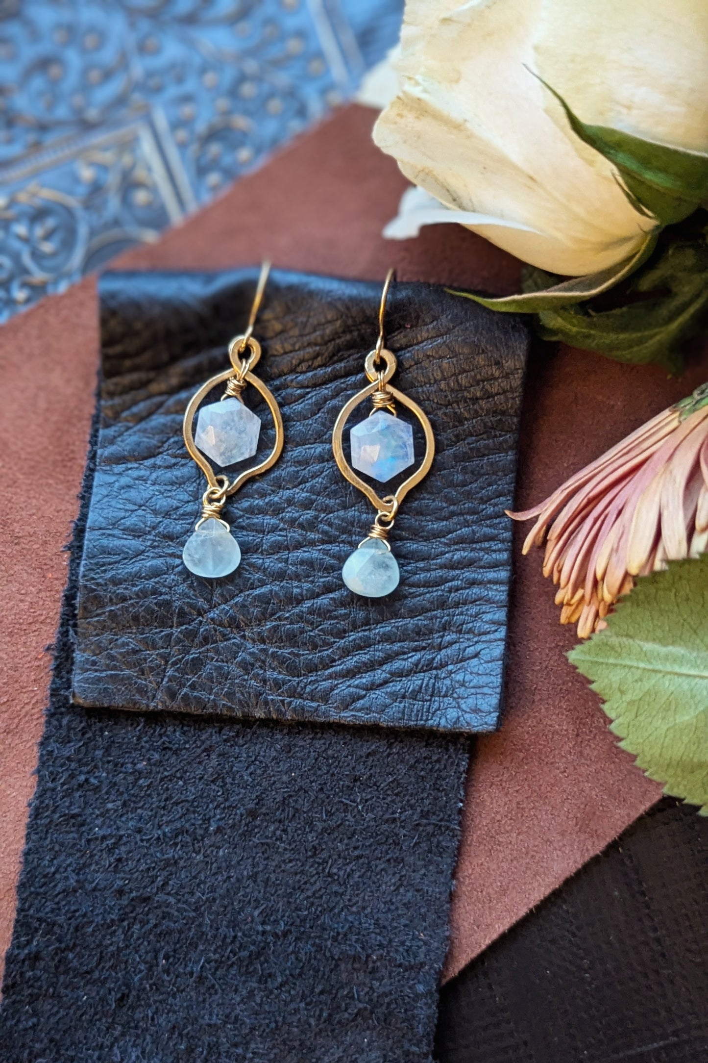 Handcrafted Brass Earrings with Moonstone and Aquamarine