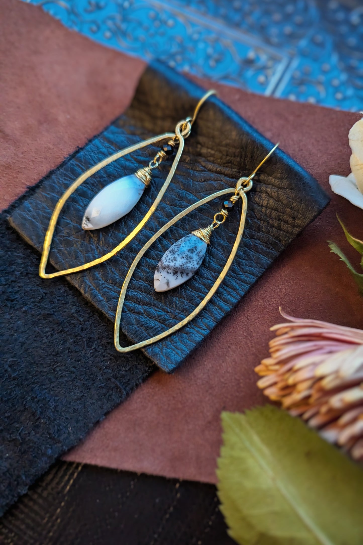 Handcrafted Brass Earrings with Merlinite (Dendritic Opal) and Black Spinel"