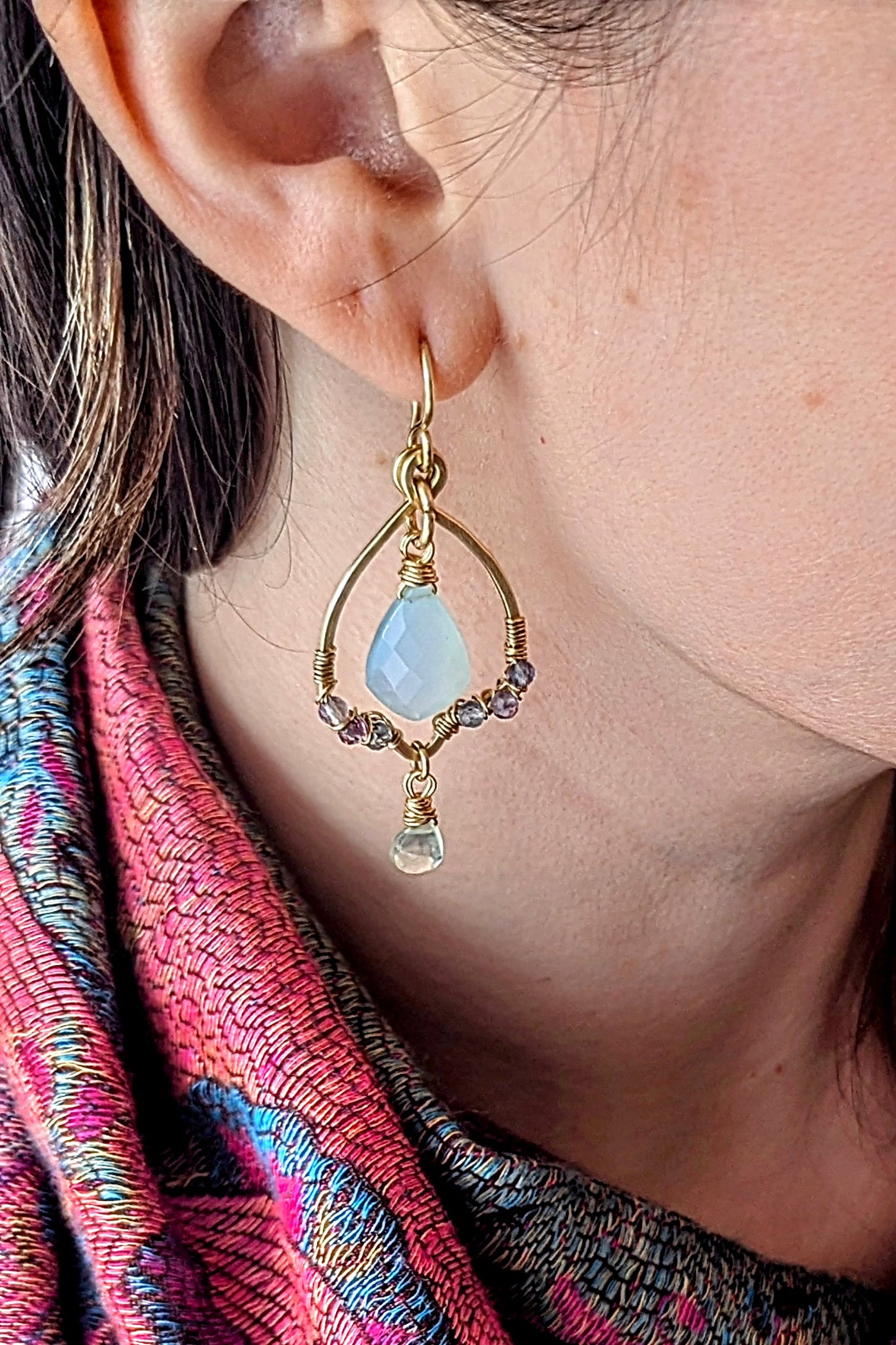 Handcrafted Brass Necklace and Earrings Set with Aqua Blue Chalcedony, Fluorite, and Prehnite