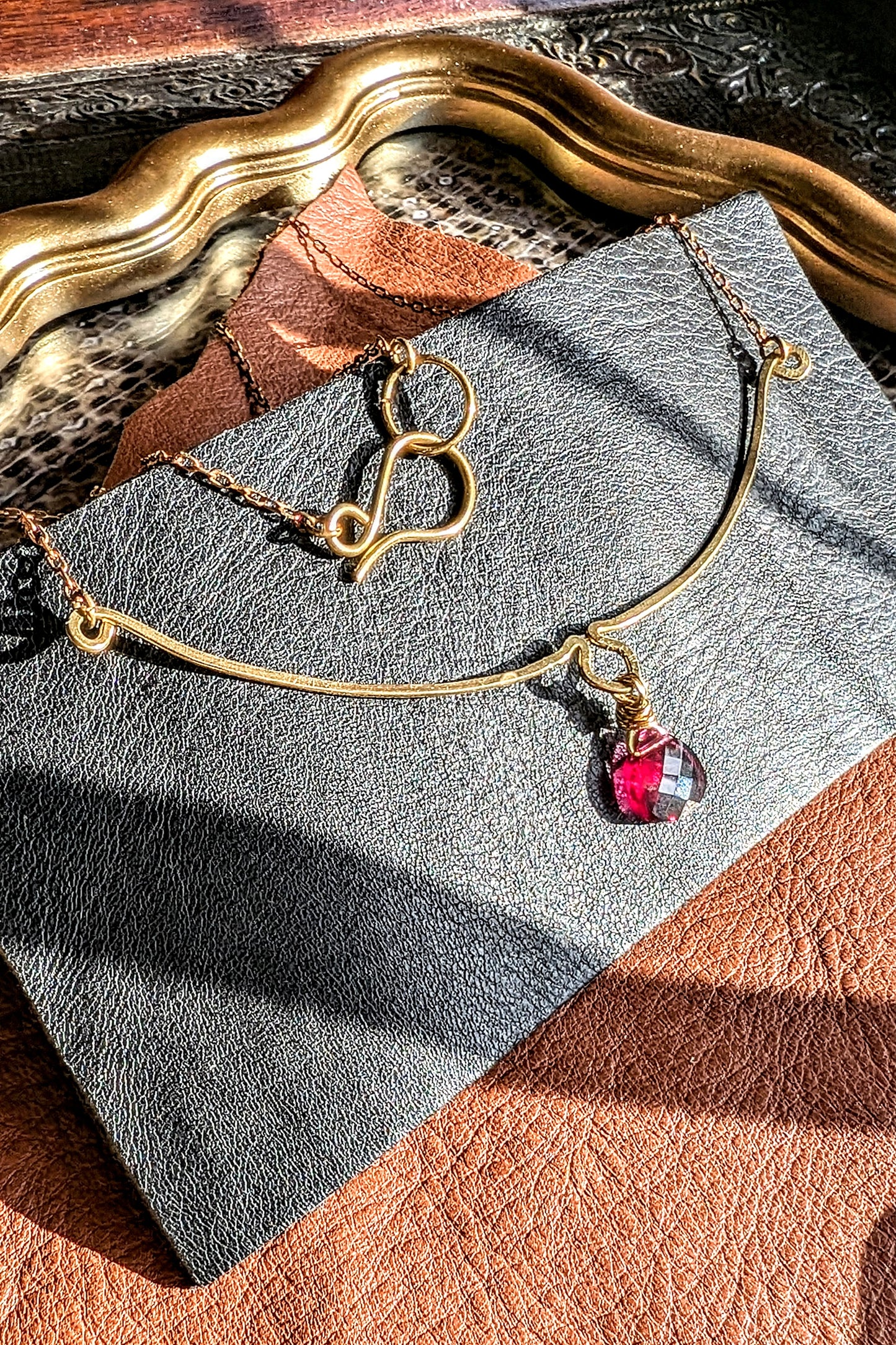Hand-Hammered Brass Necklace with Pink Tourmaline