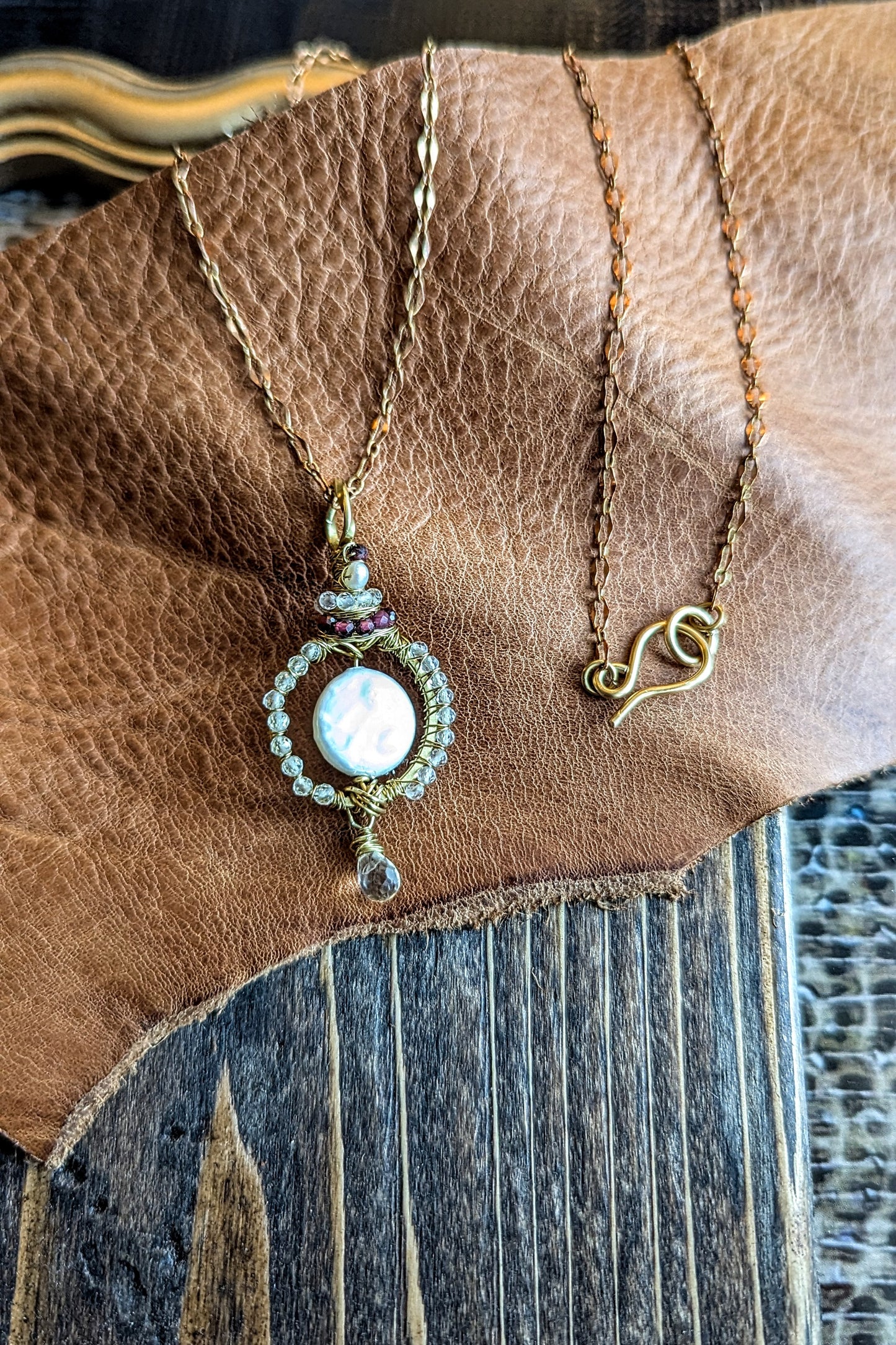 Handcrafted Rich Low Brass Pendant with Clear Quartz, Garnet, Topaz, and Pearl