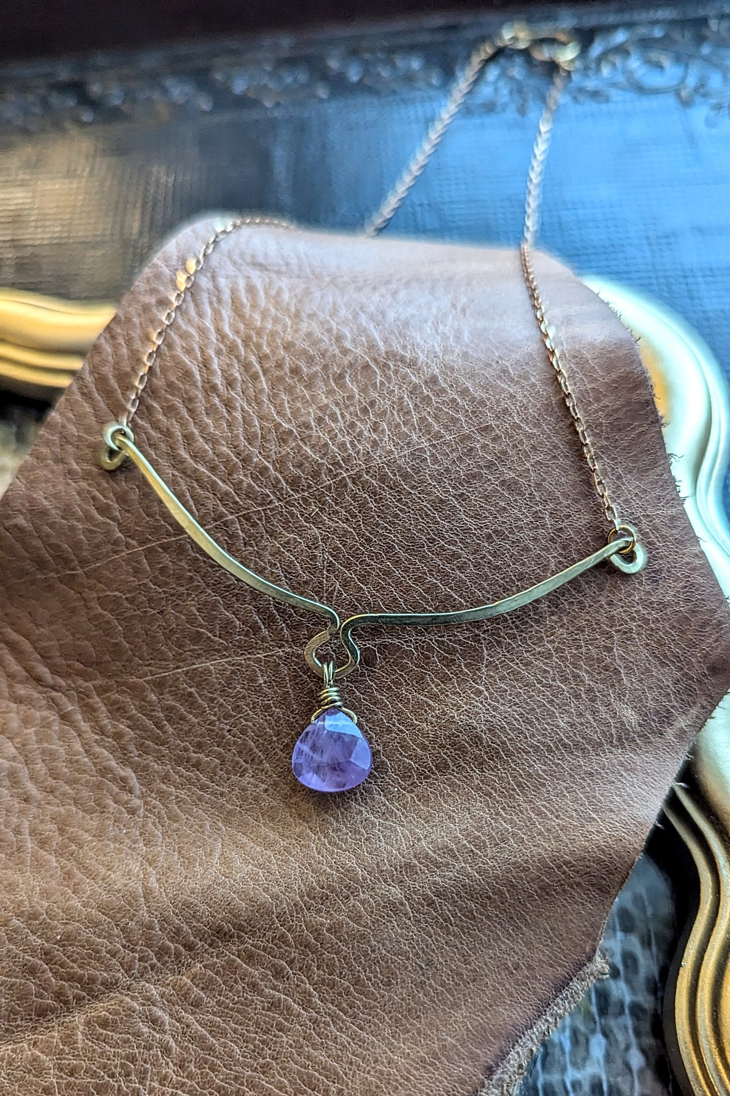 Handcrafted Rich Low Brass Necklace with Hammered Bar and Amethyst Drop