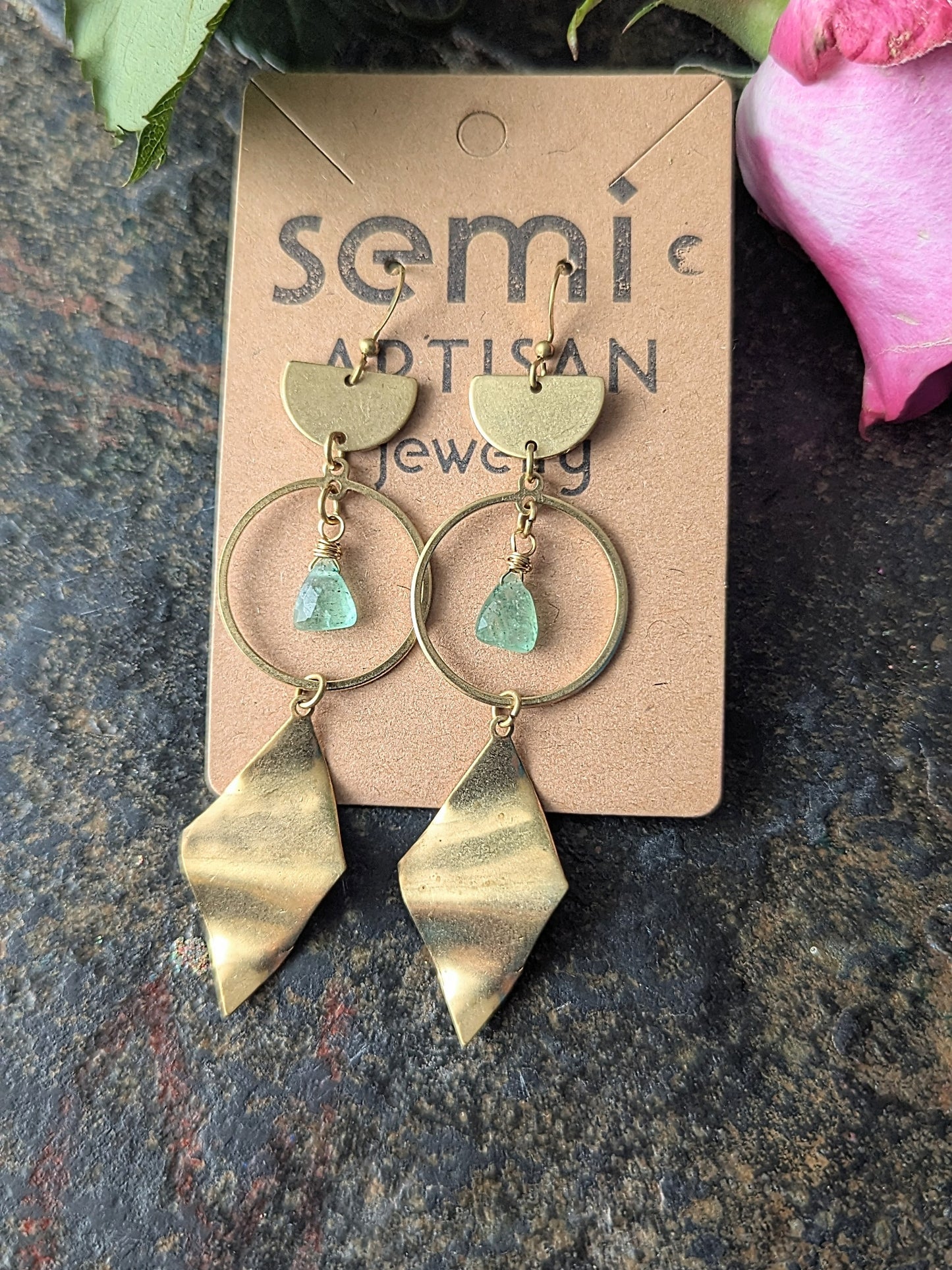 Sage Kite Drops Green Strawberry Quartz Brass Earrings