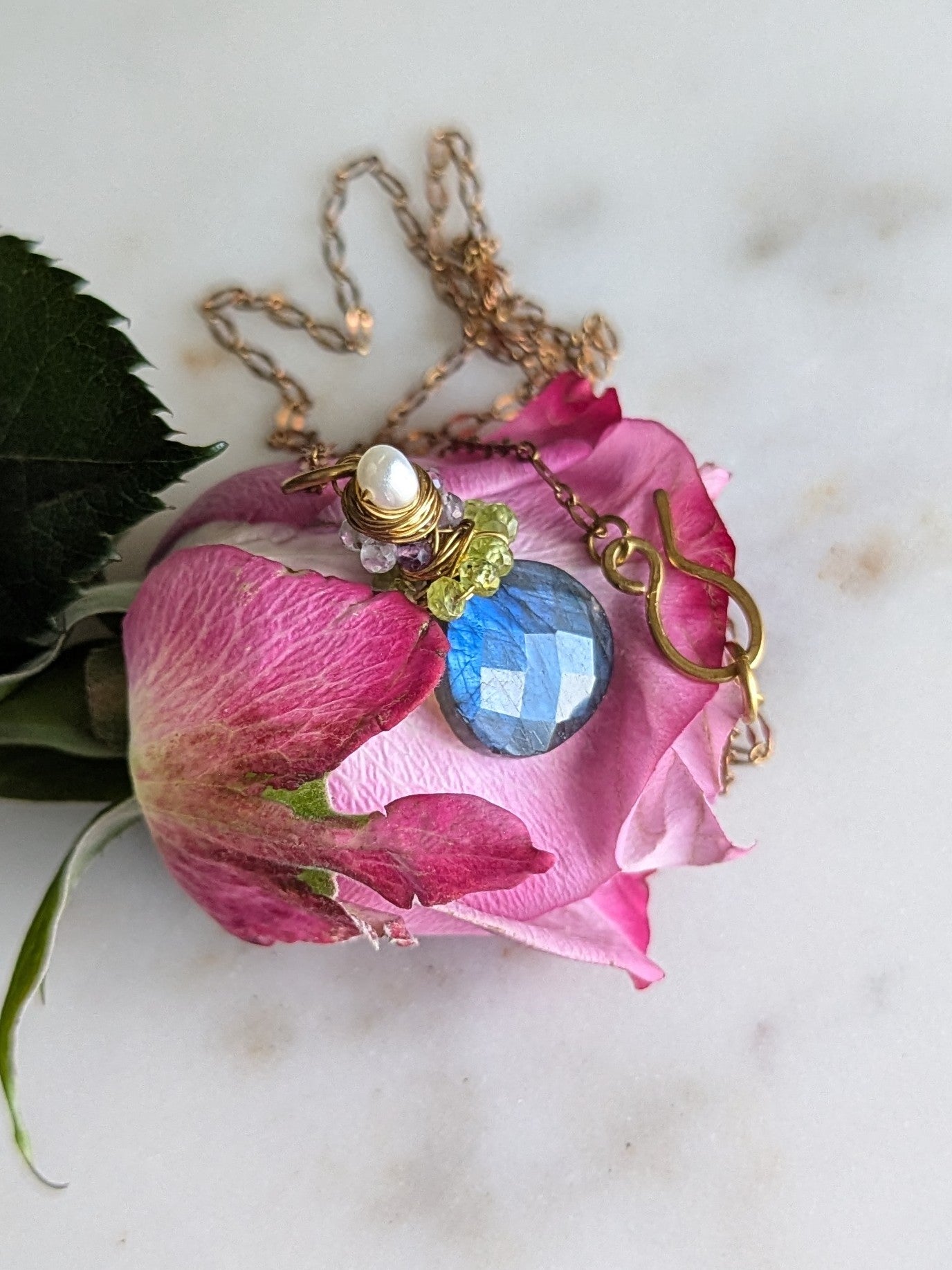 Labradorite & Gemstone Crowned Pendant on 20” Rich Low Brass Chain