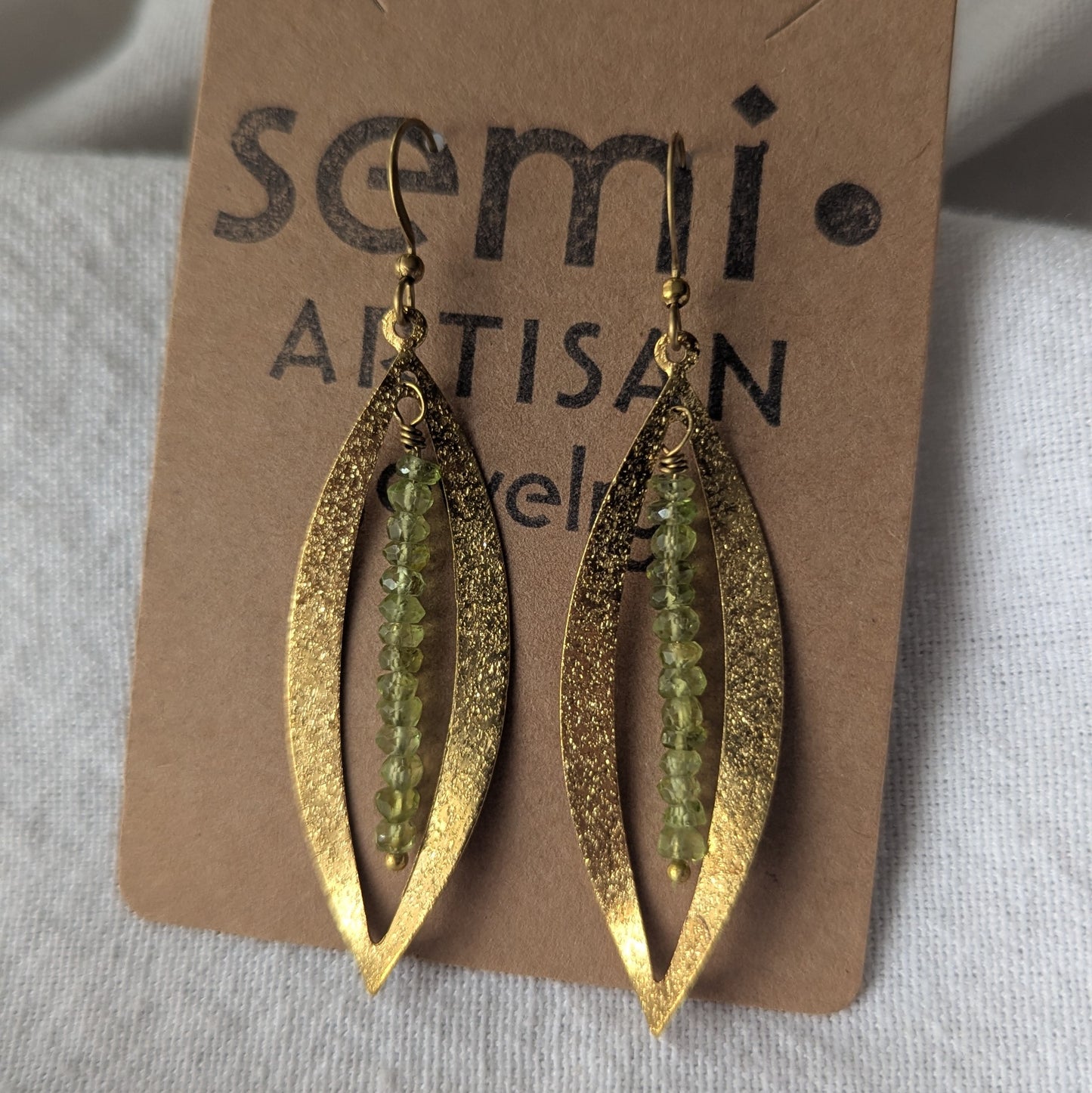 Peridot Leaf Drop Earrings – Textured Brass