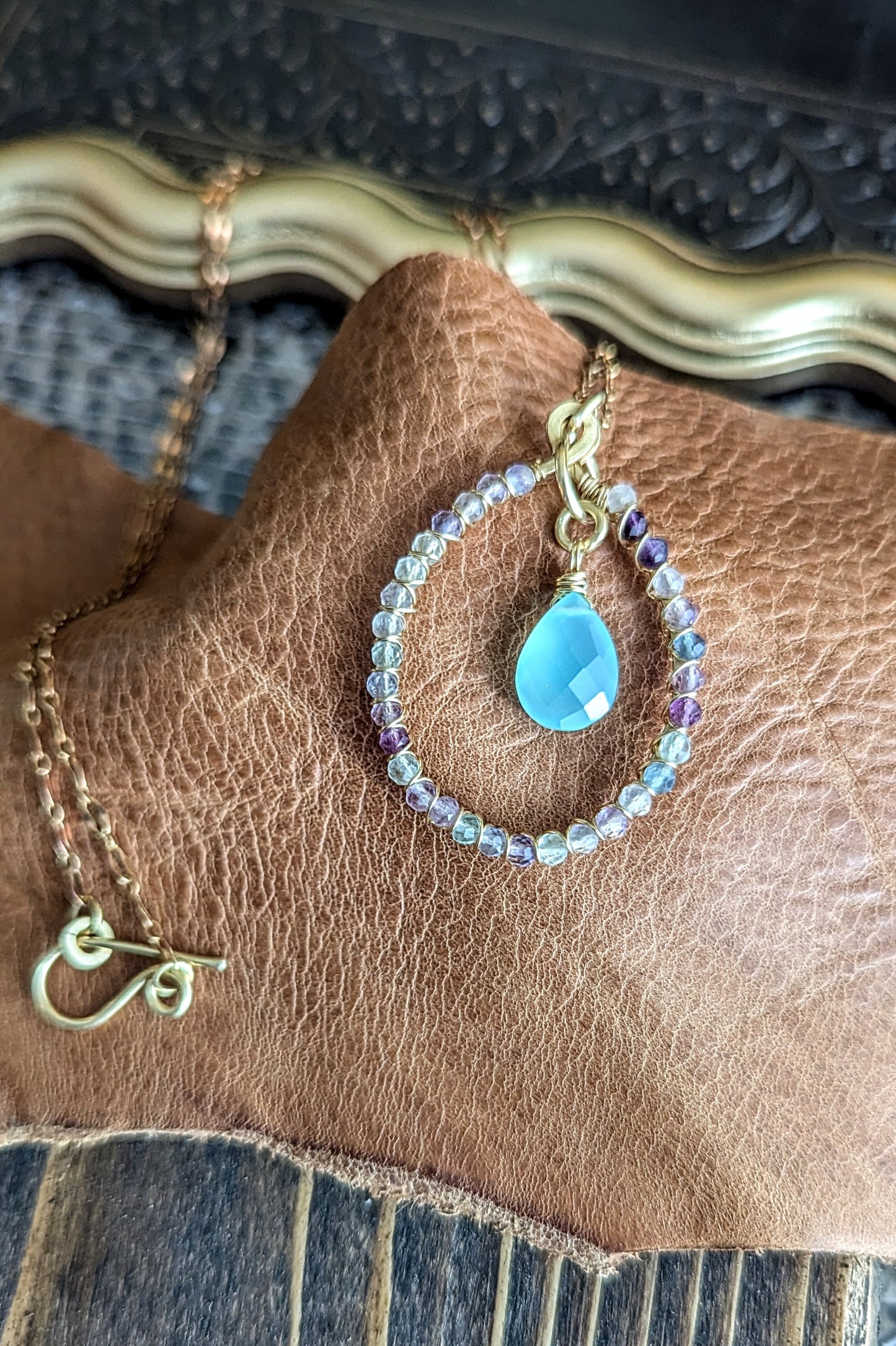 Handcrafted Aqua Blue Chalcedony and Fluorite Hoop Necklace