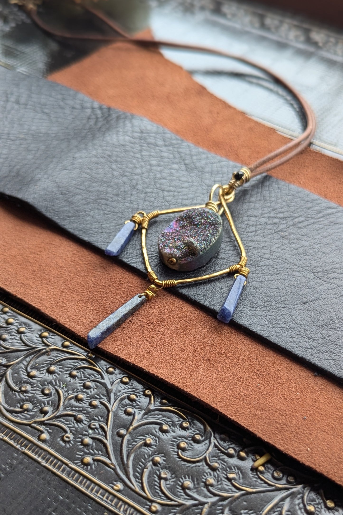 Handcrafted Druzy, Sodalite, and Black Spinel Pendant Necklace on Leather Cord