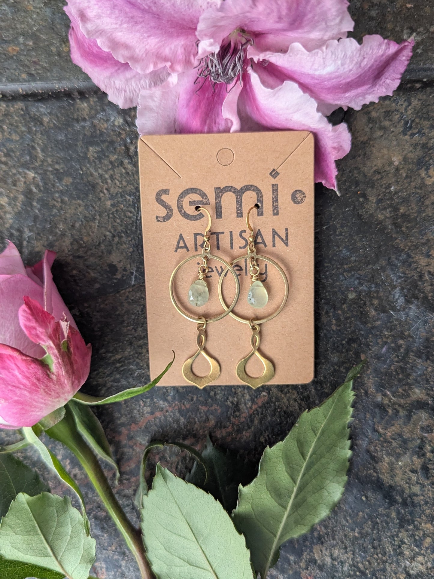 The Dewdrop Twist Prehnite and Brass earrings