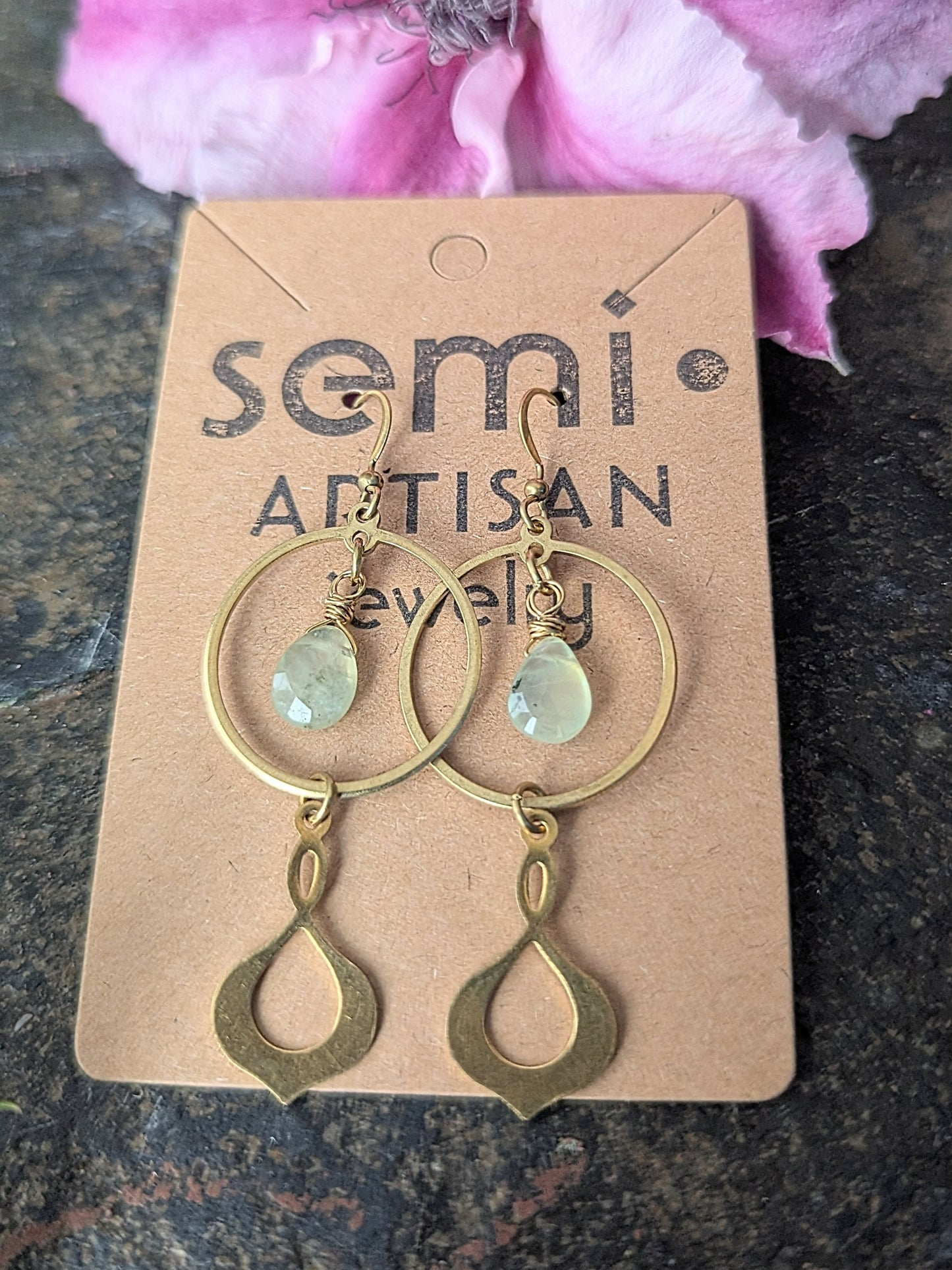 The Dewdrop Twist Prehnite and Brass earrings