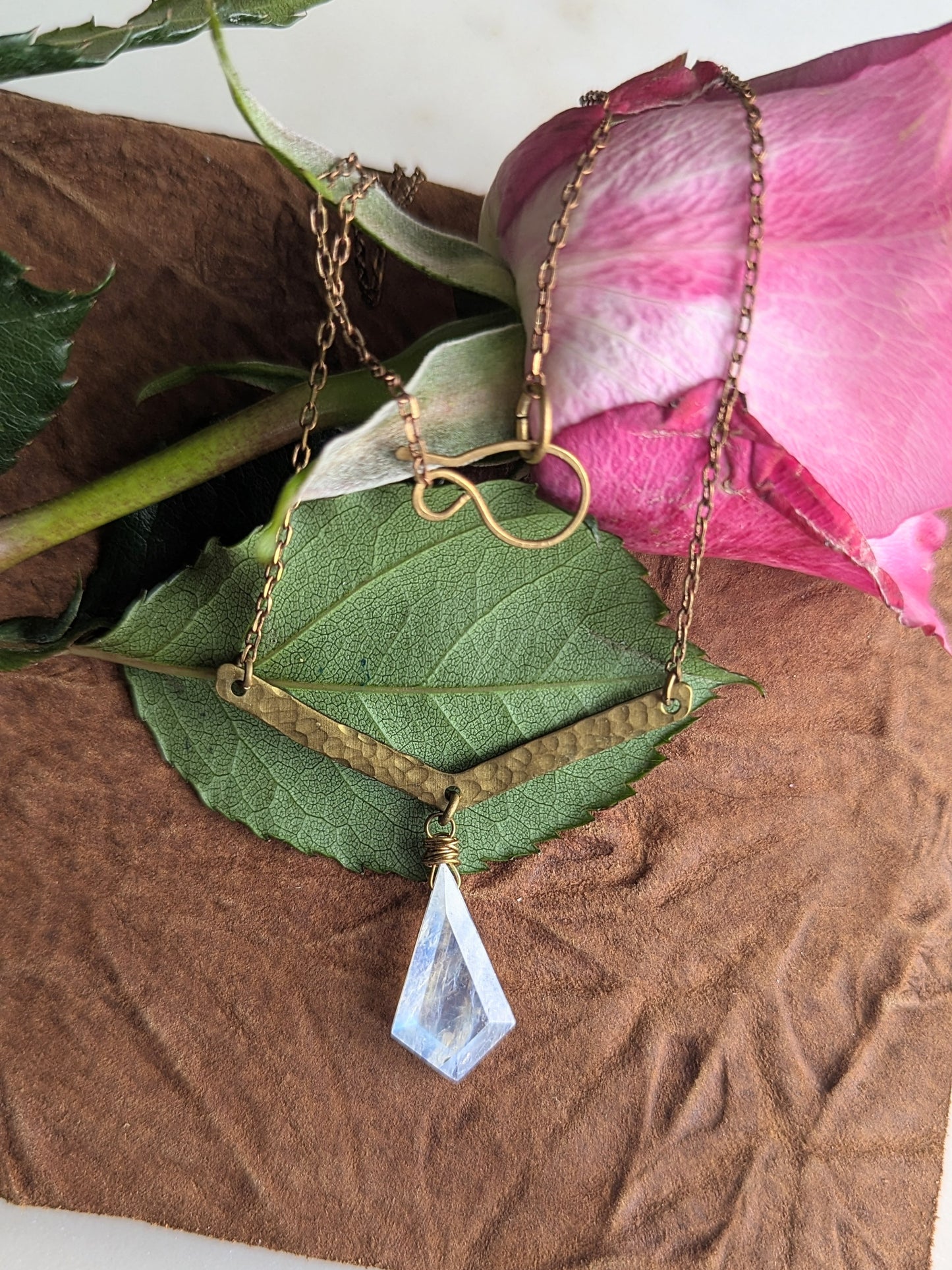 Faceted Moonstone Pendant on Hammered Rich Low Brass Bar Necklace