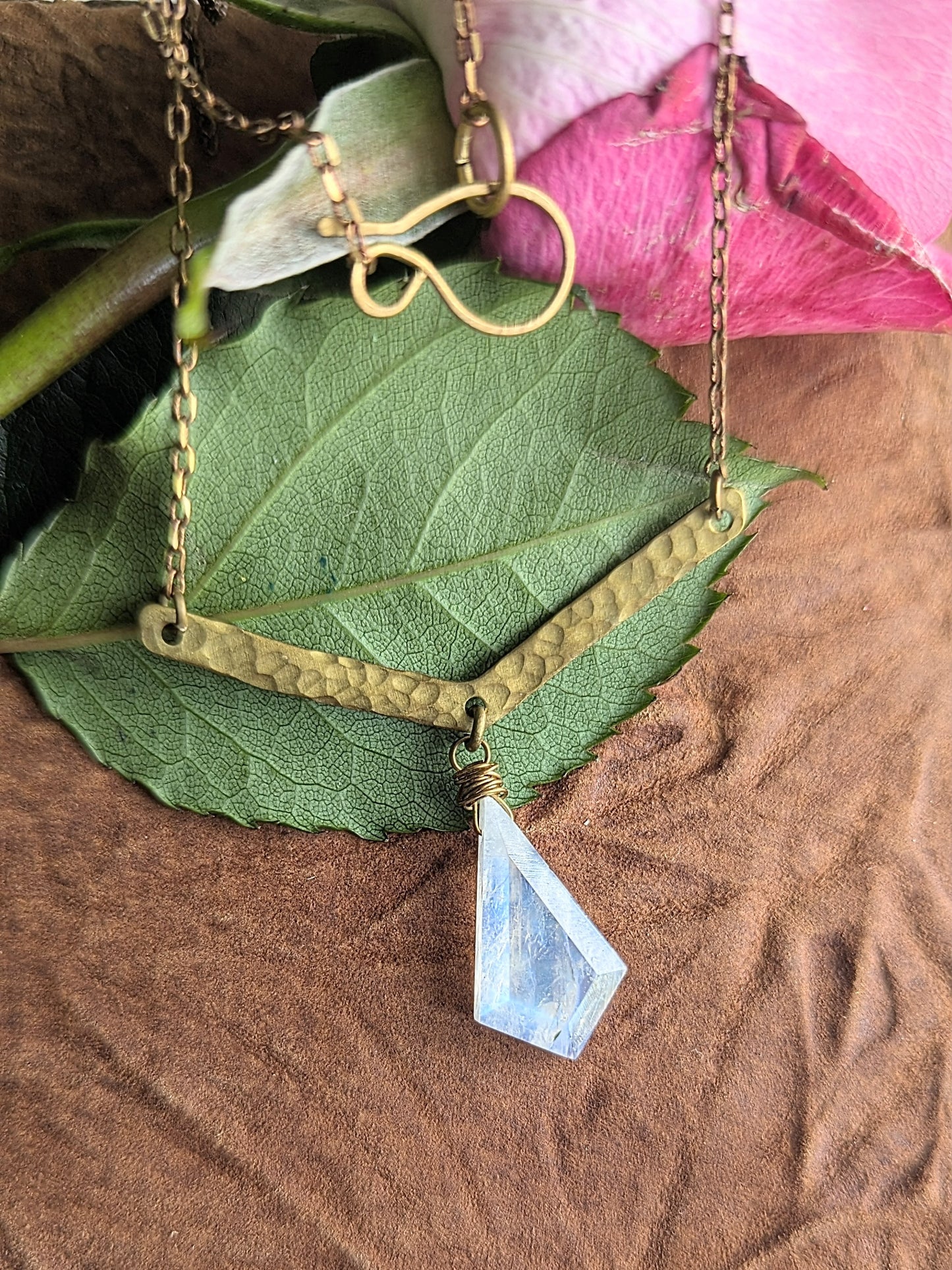 Faceted Moonstone Pendant on Hammered Rich Low Brass Bar Necklace