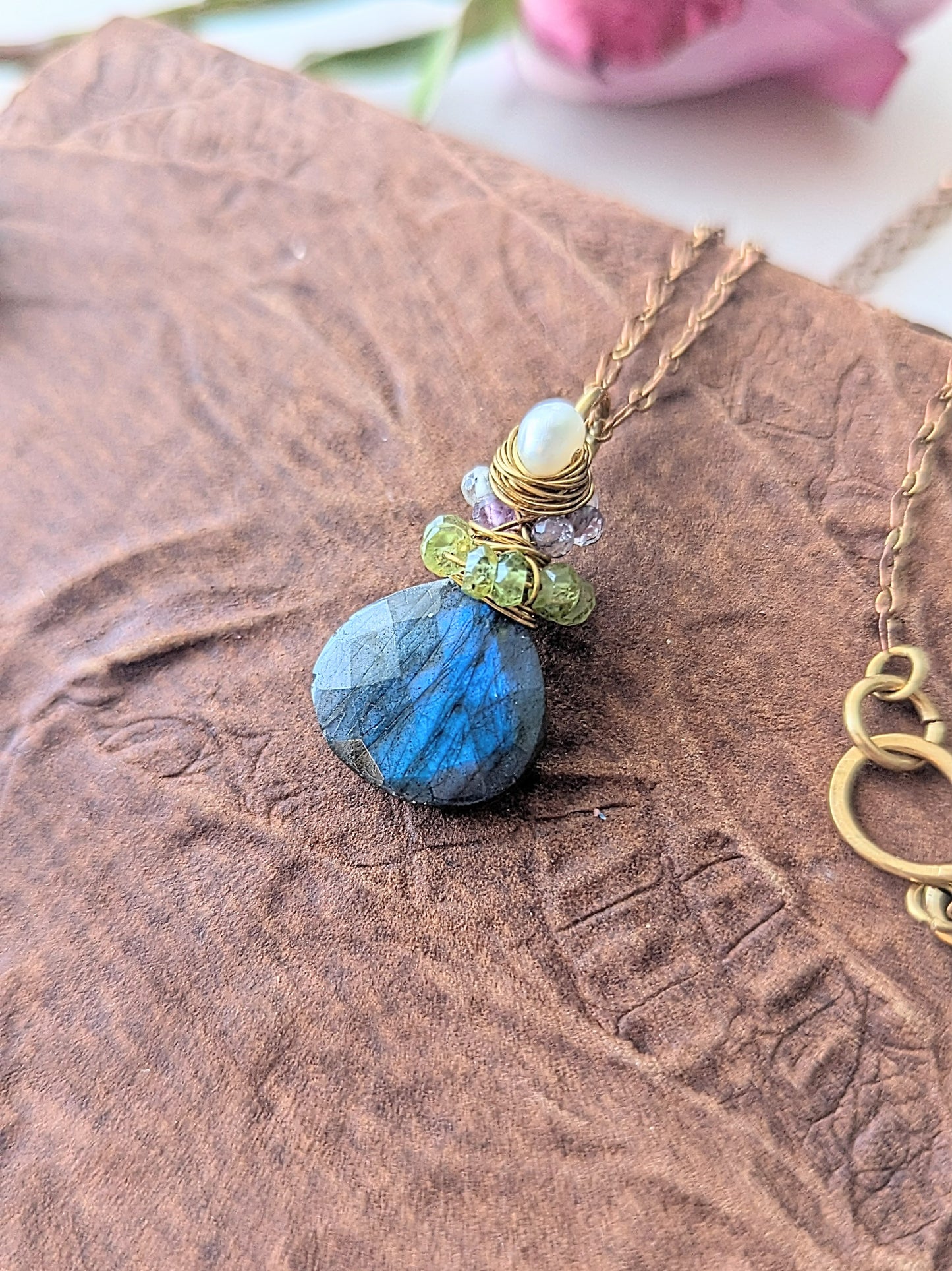 Labradorite & Gemstone Crowned Pendant on 20” Rich Low Brass Chain