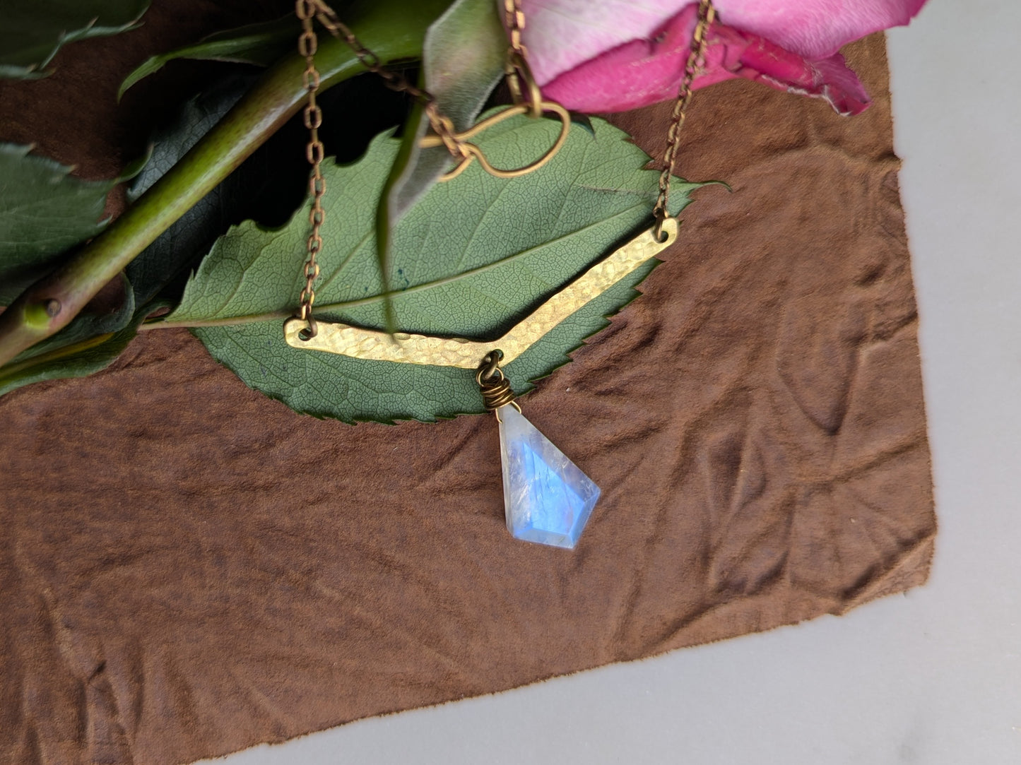 Faceted Moonstone Pendant on Hammered Rich Low Brass Bar Necklace