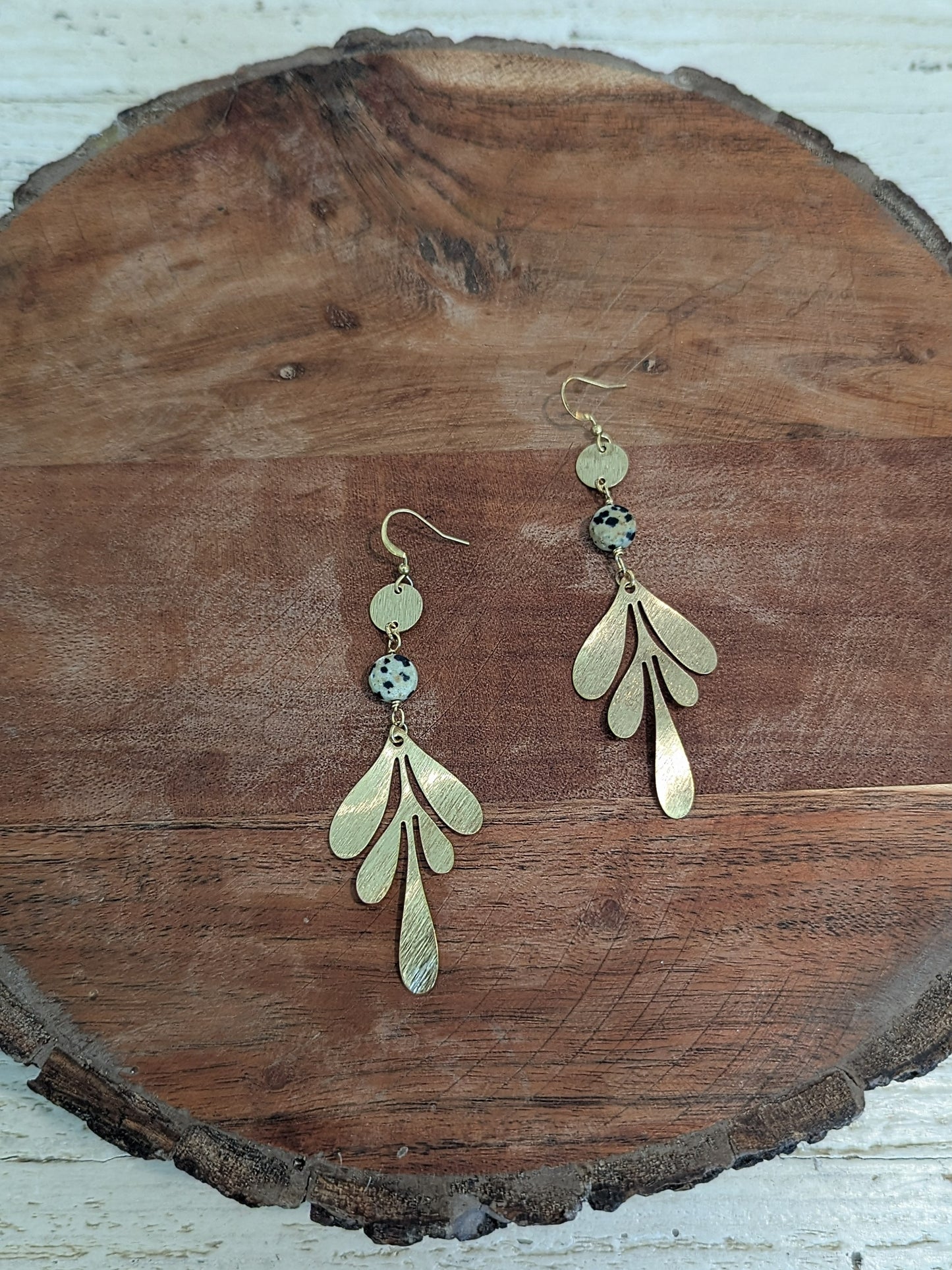 The Wild Bloom Textured Leaf and Dalmation Jasper Earrings