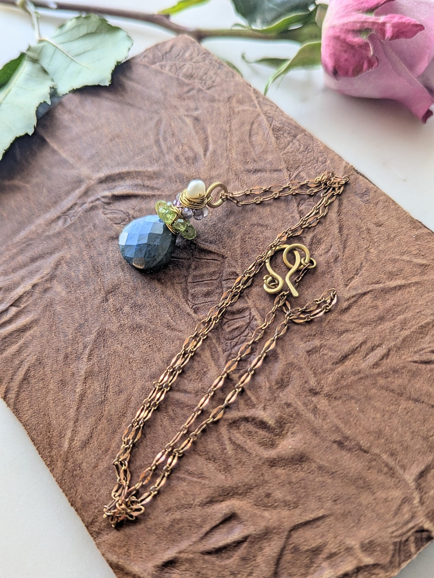 Labradorite & Gemstone Crowned Pendant on 20” Rich Low Brass Chain