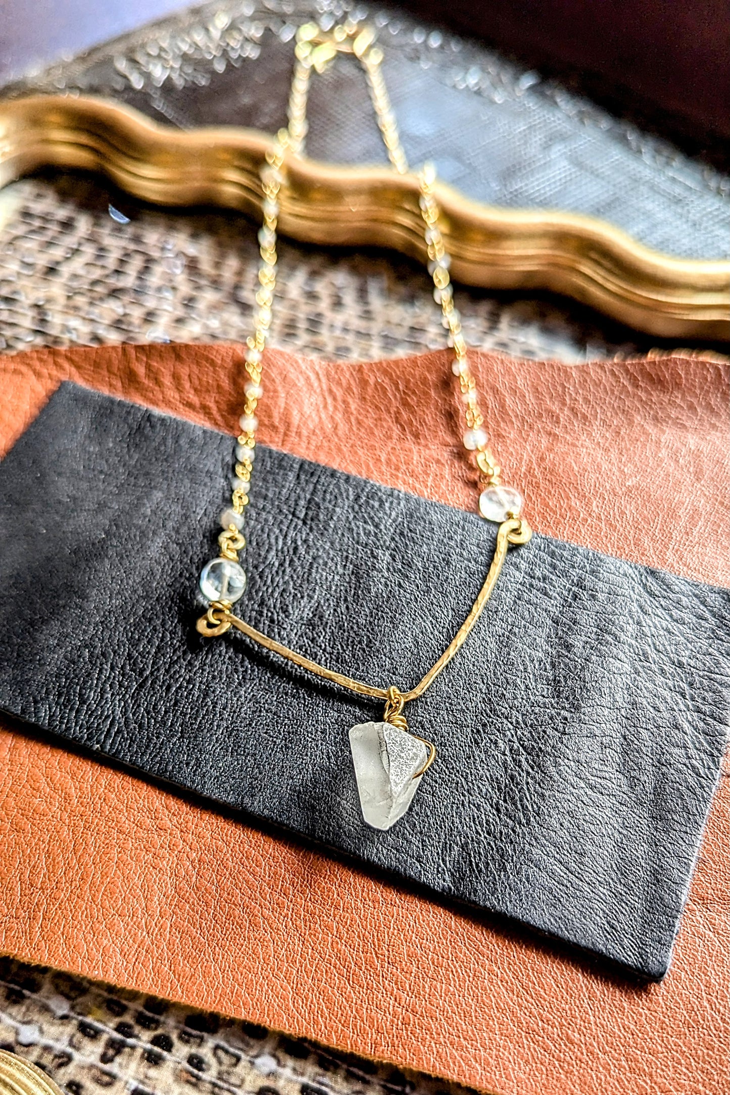 Handcrafted Clear Quartz Pendant Necklace with Moonstone, Labradorite, and Adjustable Closure