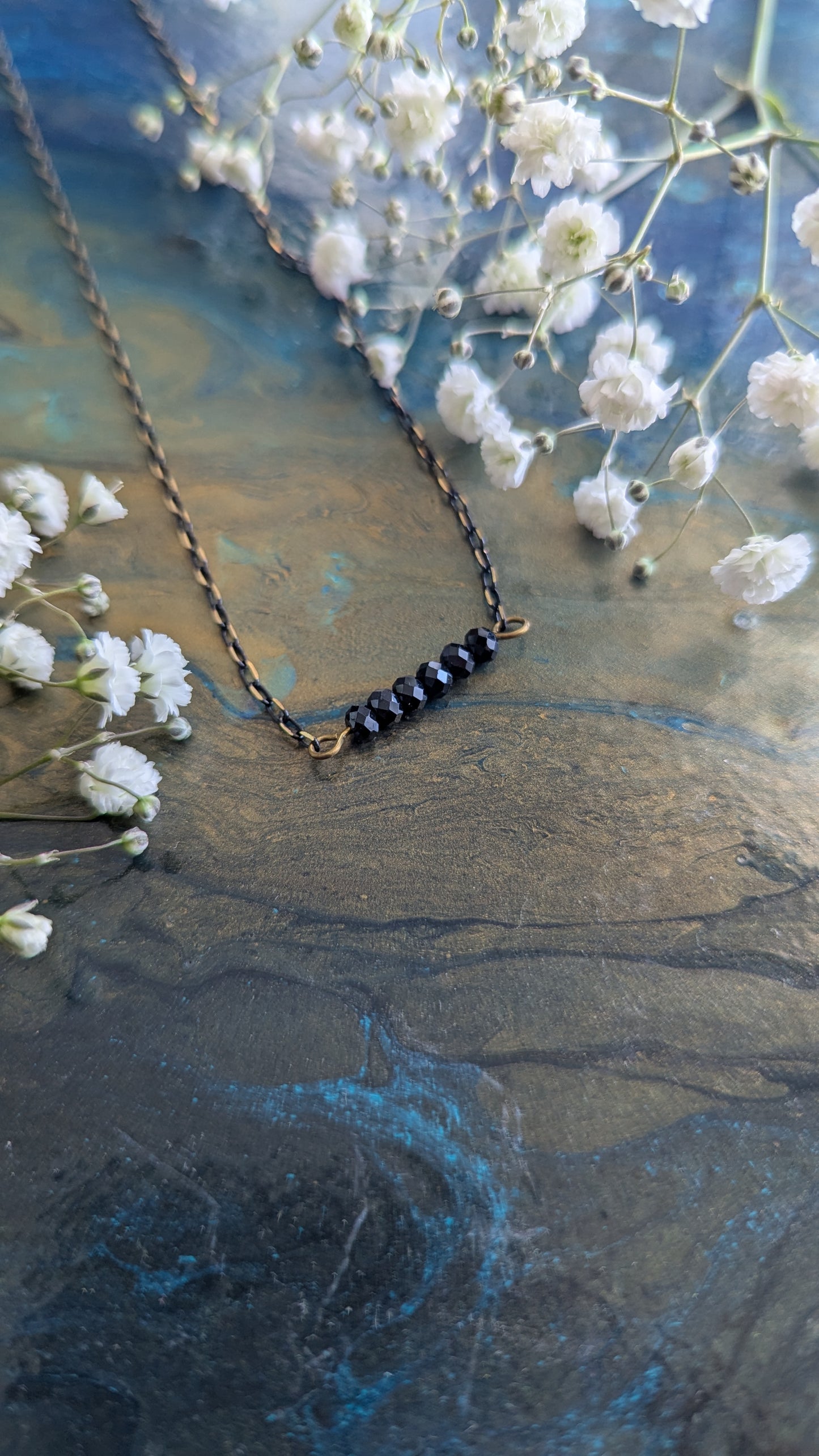 Black Spinel Bar Necklace 16"