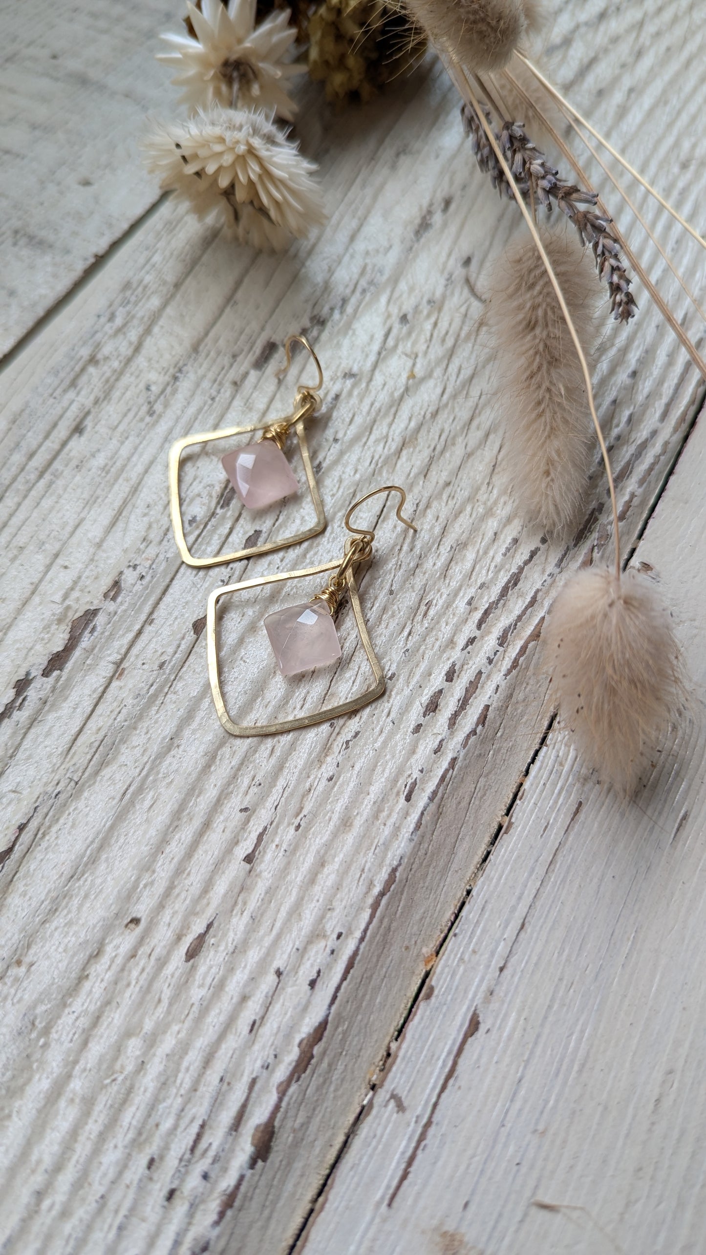 Hand-Hammered Rich Low Brass Earrings with Rose Quartz