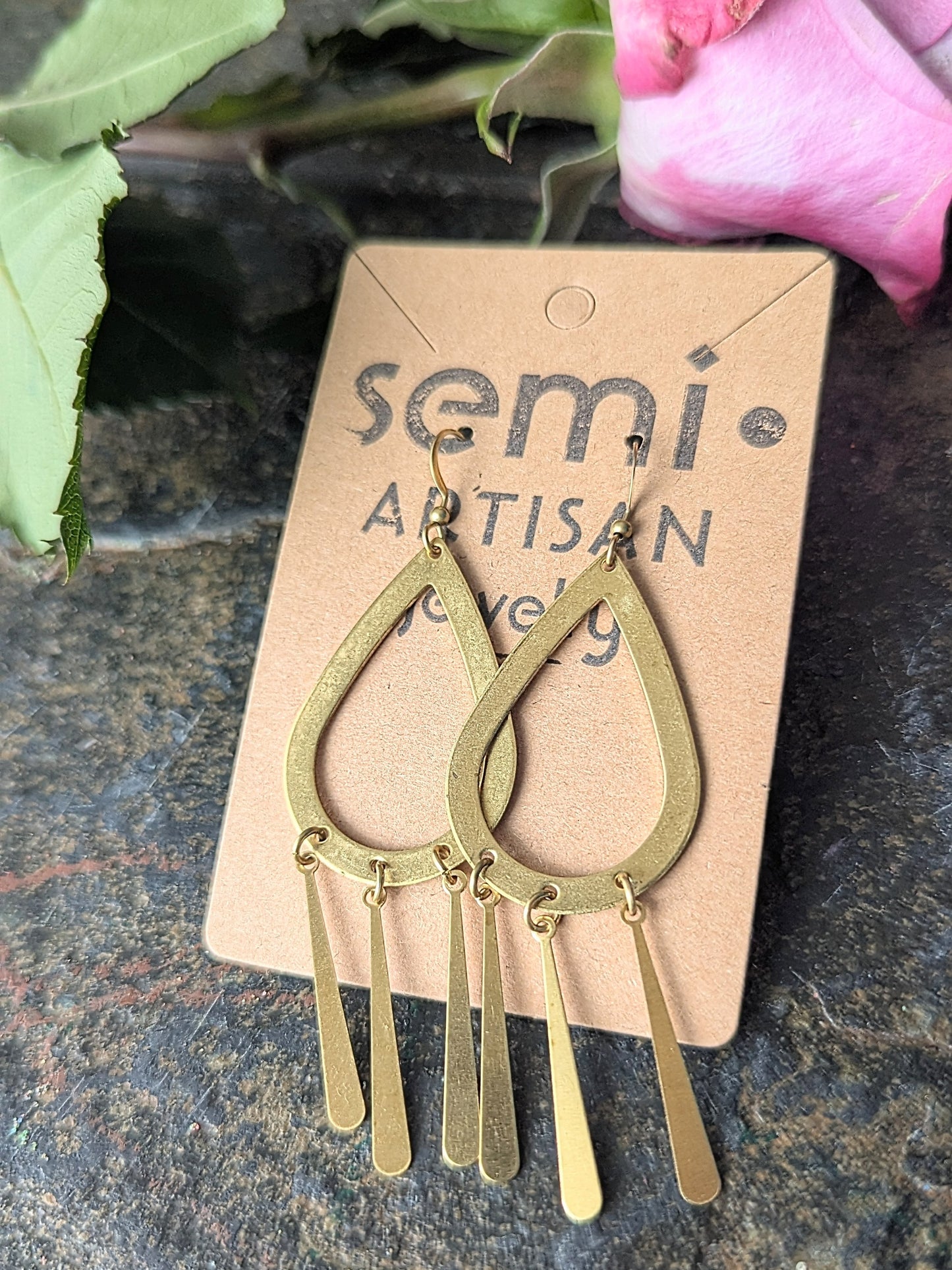 Cascade Loop Tear Drop Fringe brass Earrings