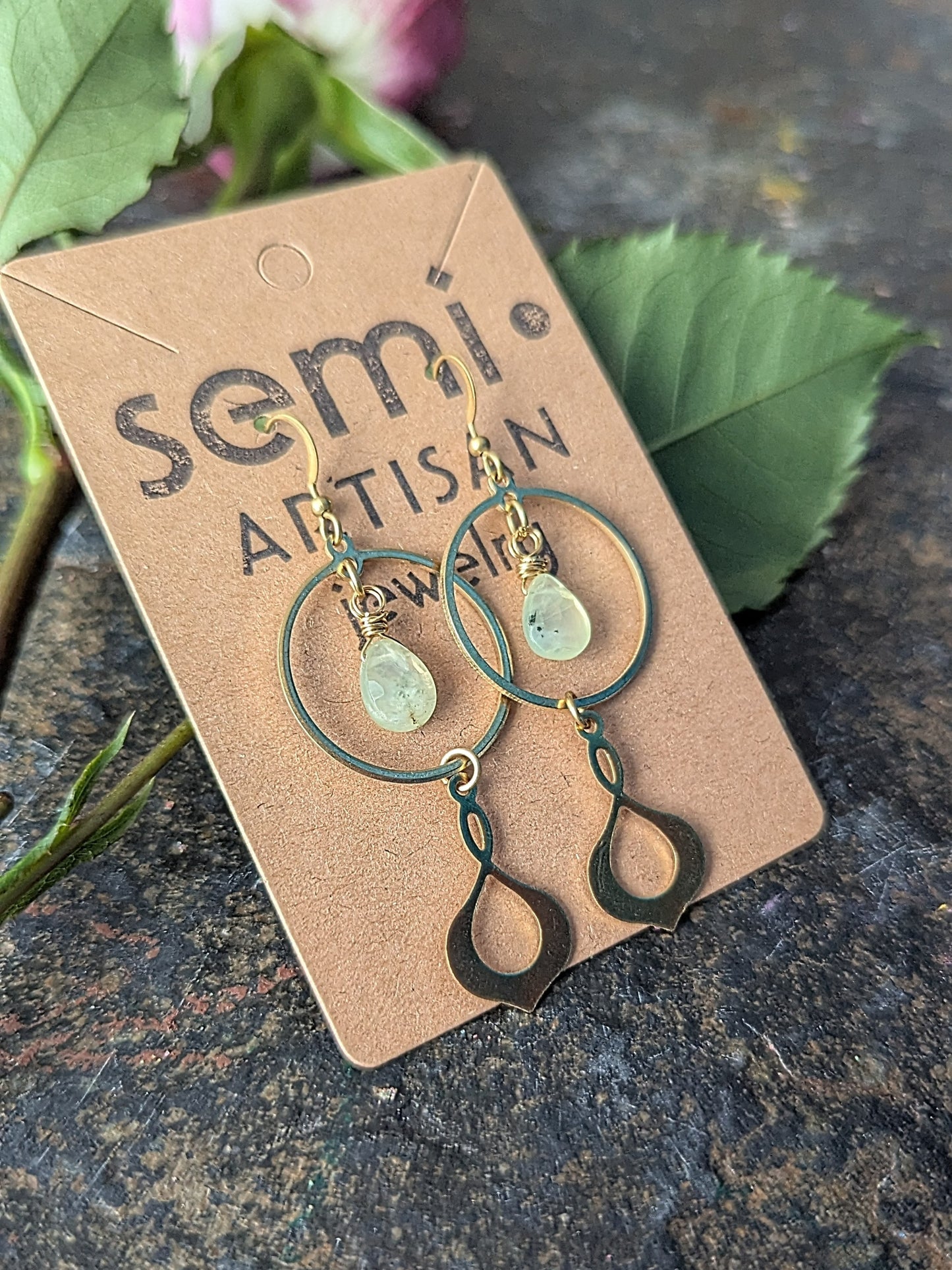 The Dewdrop Twist Prehnite and Brass earrings