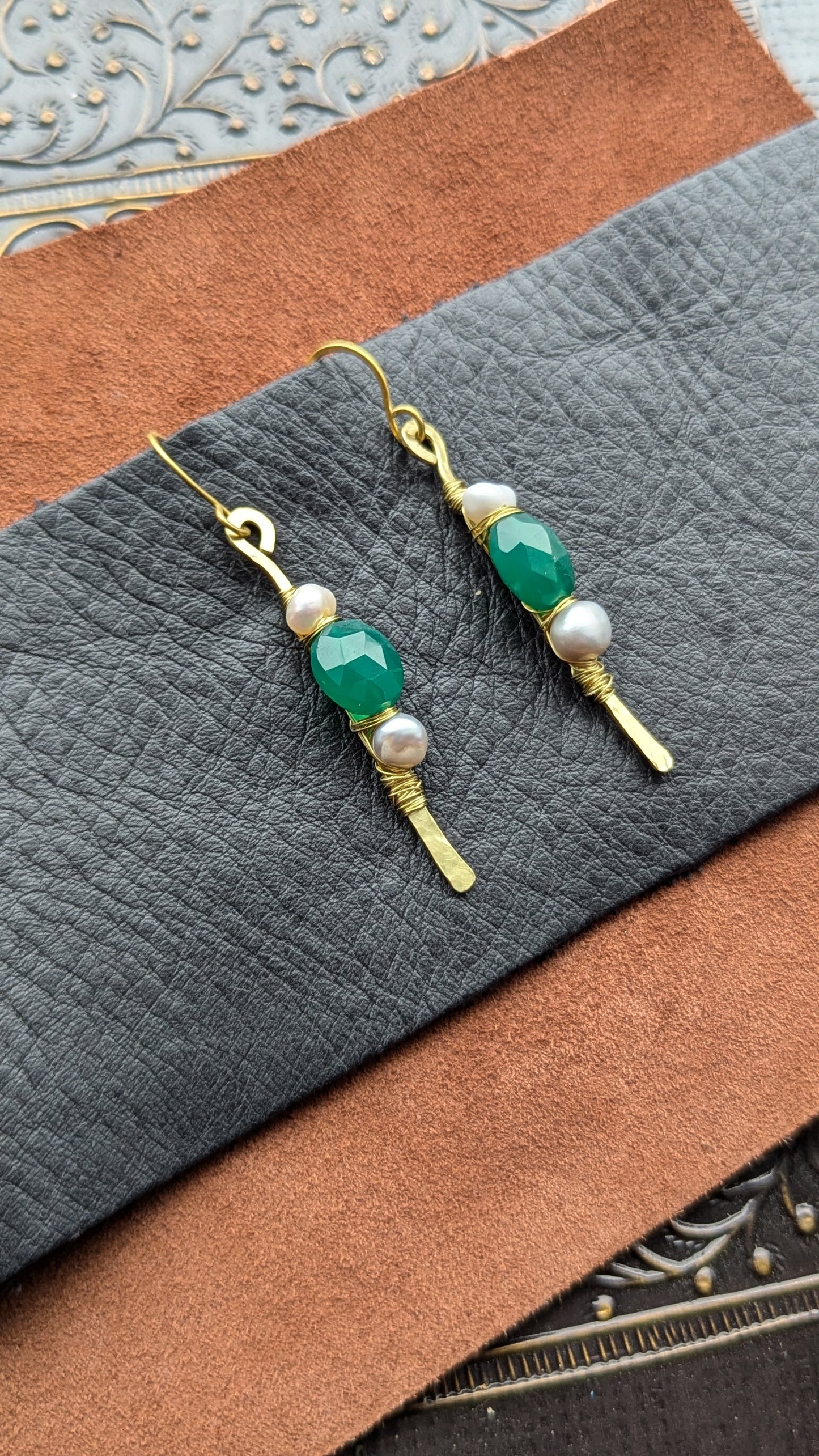 Handcrafted Brass Earrings with Green Onyx and Pearls