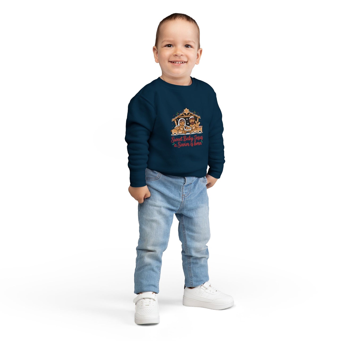 Toddler Sweatshirt - "Sweet Baby Jesus a Savior is Born" Nativity Christmas Pullover