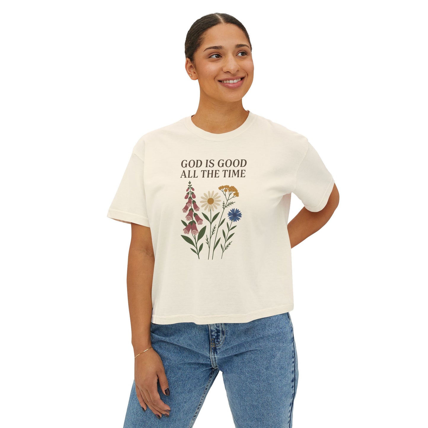 Women's Boxy Tee — "God Is Good All The Time" Floral Faith Graphic