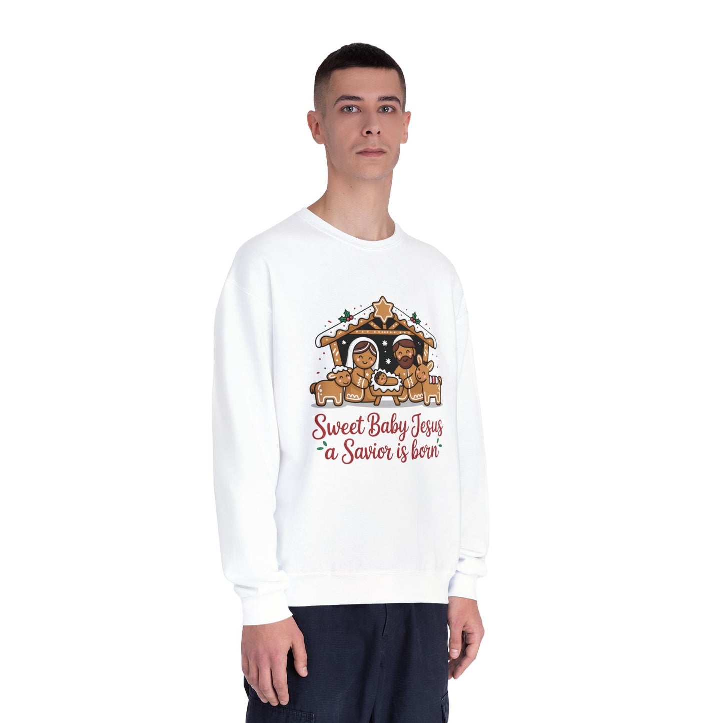 Christmas Nativity Crewneck Sweatshirt — "Sweet Baby Jesus a Savior is born"