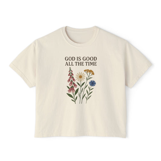 Women's Boxy Tee — "God Is Good All The Time" Floral Faith Graphic