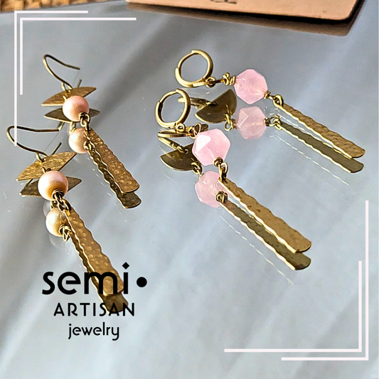 semi•ARTISAN jewelry pink quartz or pink freshwater pearl staff dangle earrings