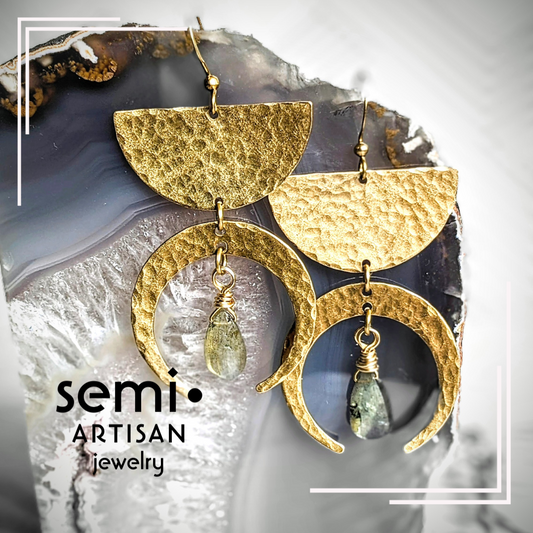 semi•ARTISAN jewelry Hammered Crescent Moon Half Circle Labradorite Earrings