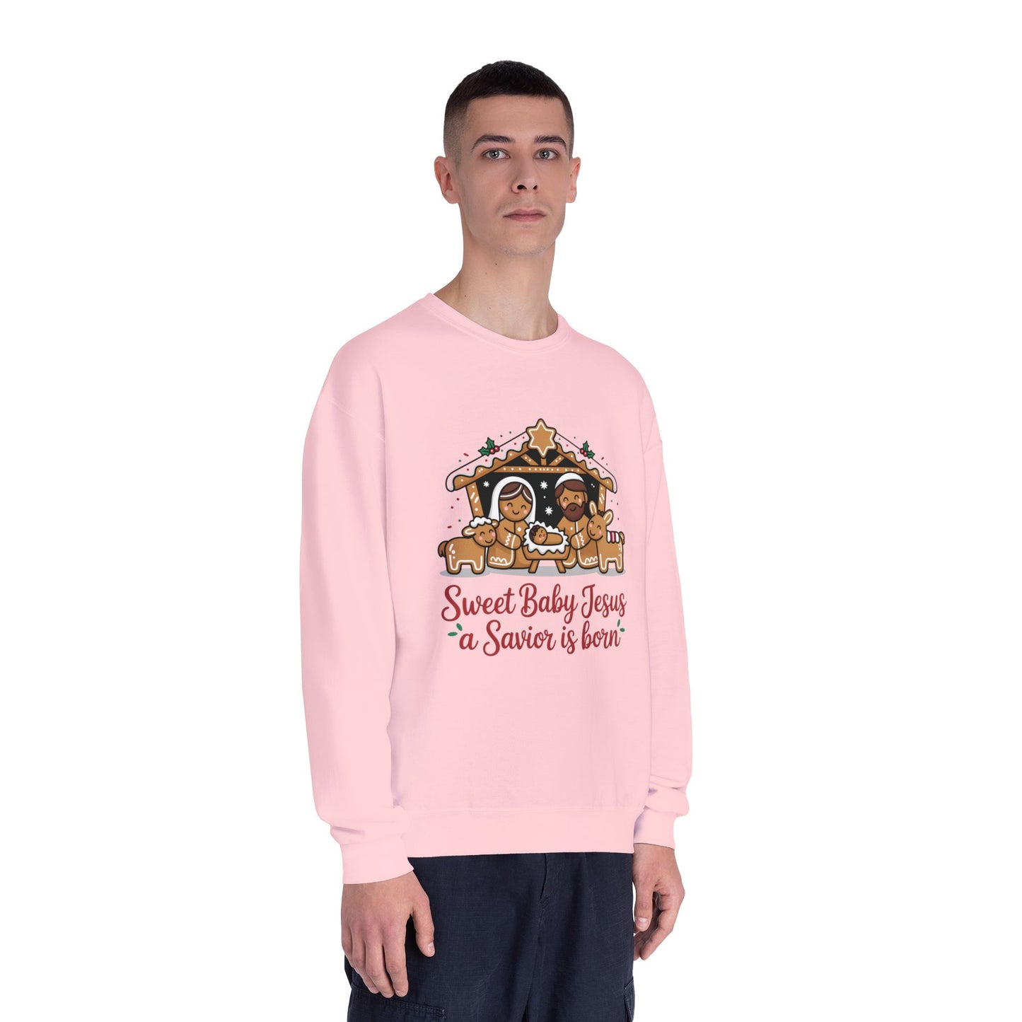 Christmas Nativity Crewneck Sweatshirt — "Sweet Baby Jesus a Savior is born"