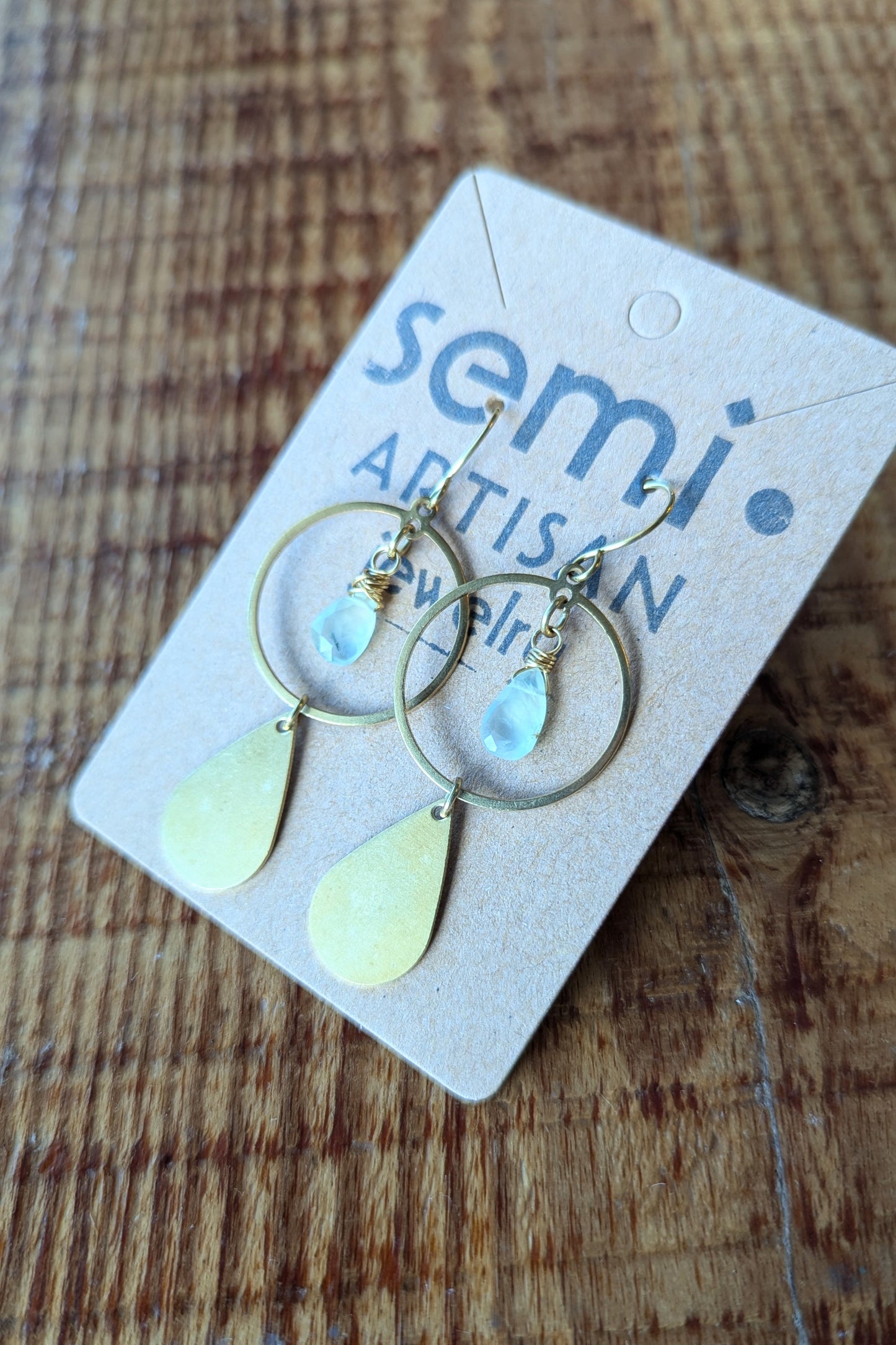 Faceted briolette gemstone + Tear Drop Brass Earrings