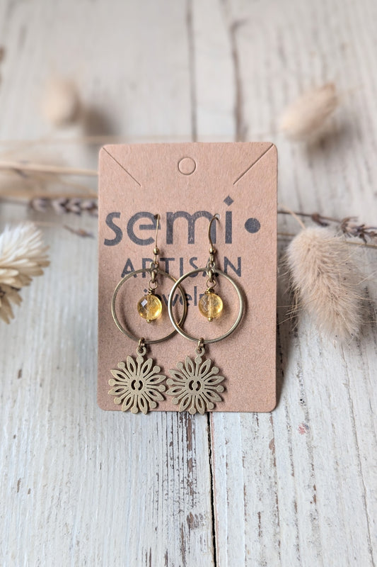 Citrine + Sunflower Brass Earrings