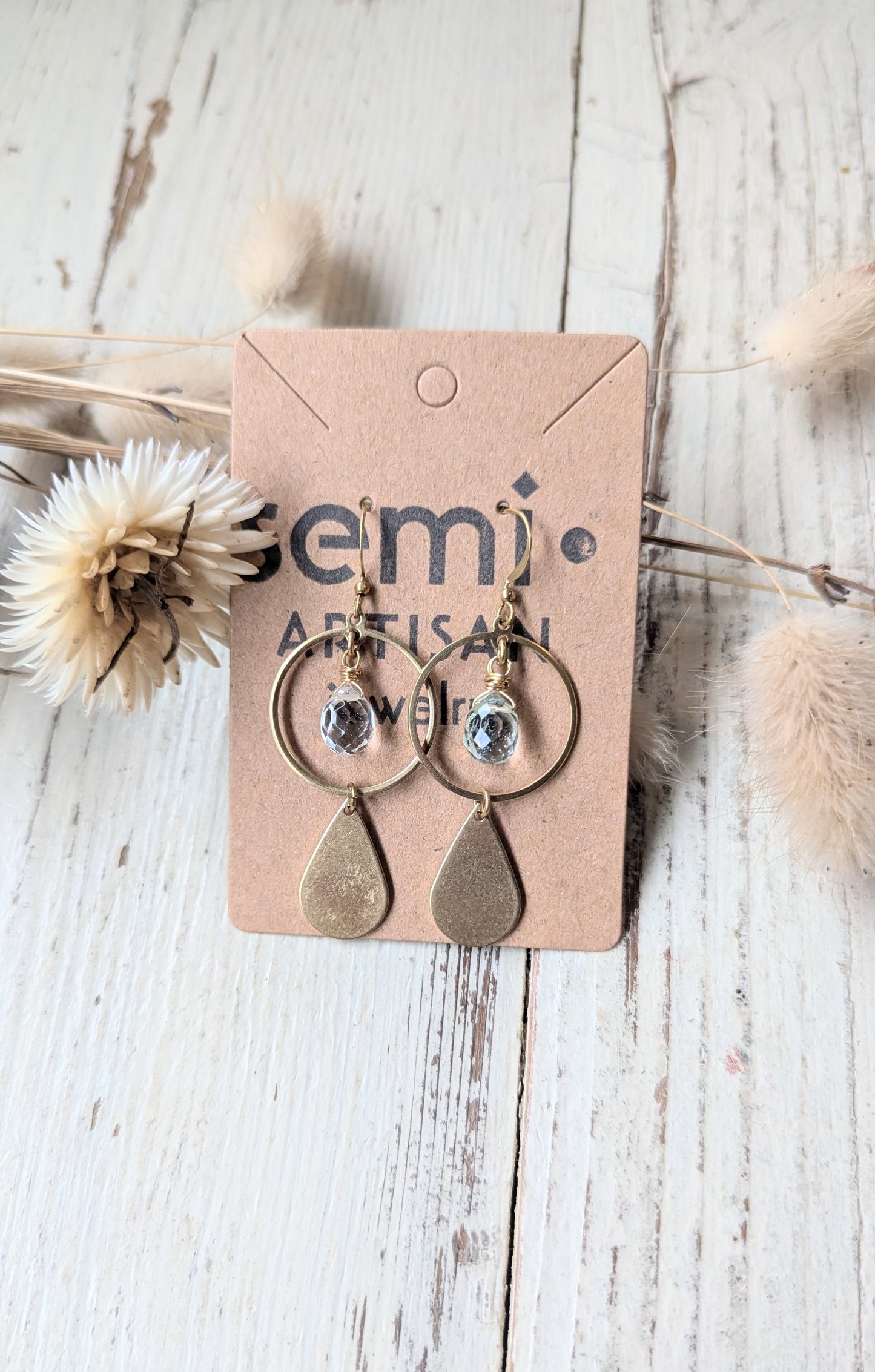 Faceted briolette gemstone + Tear Drop Brass Earrings