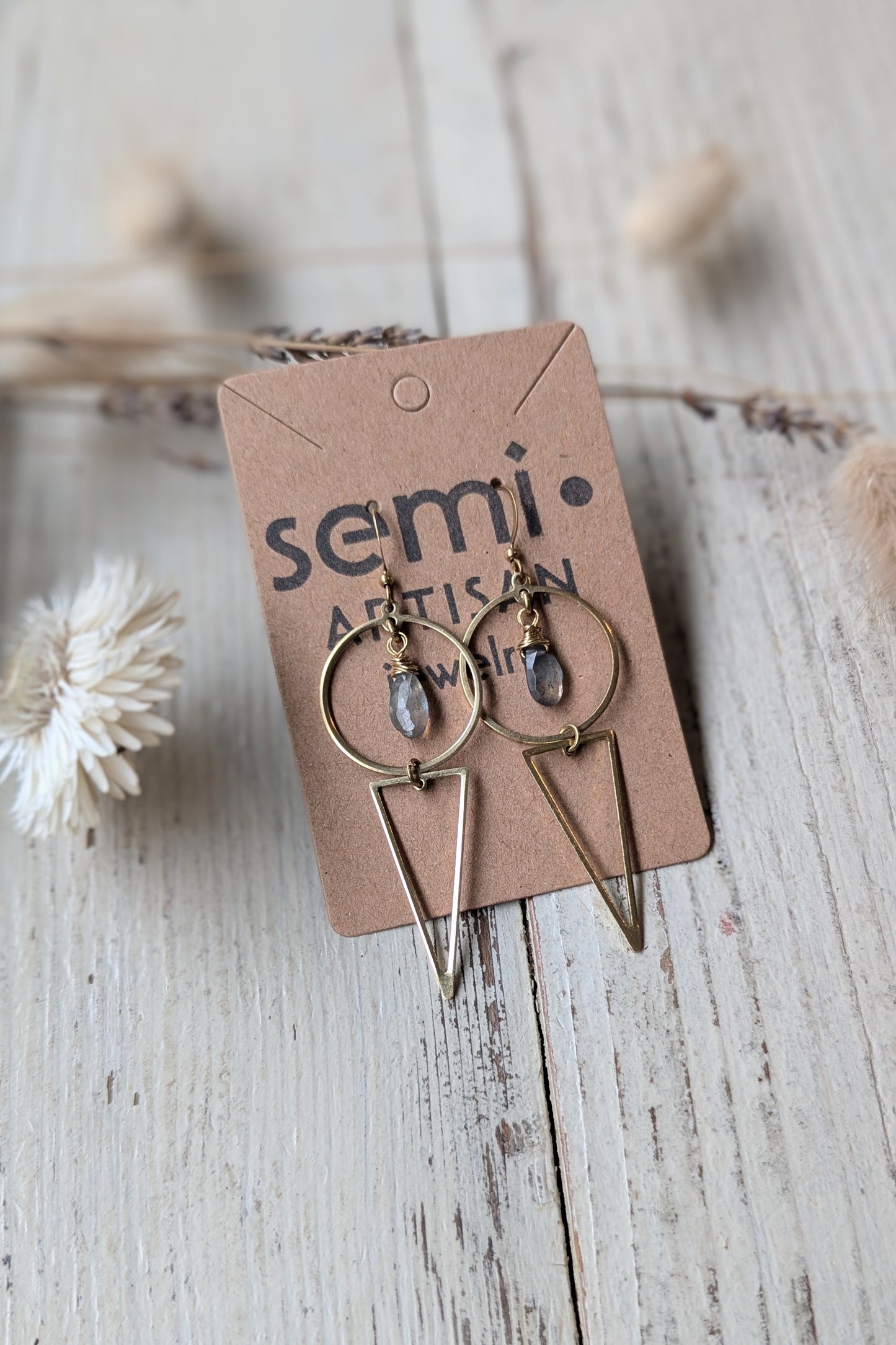 Faceted Gemstone + Geometric Brass Earrings