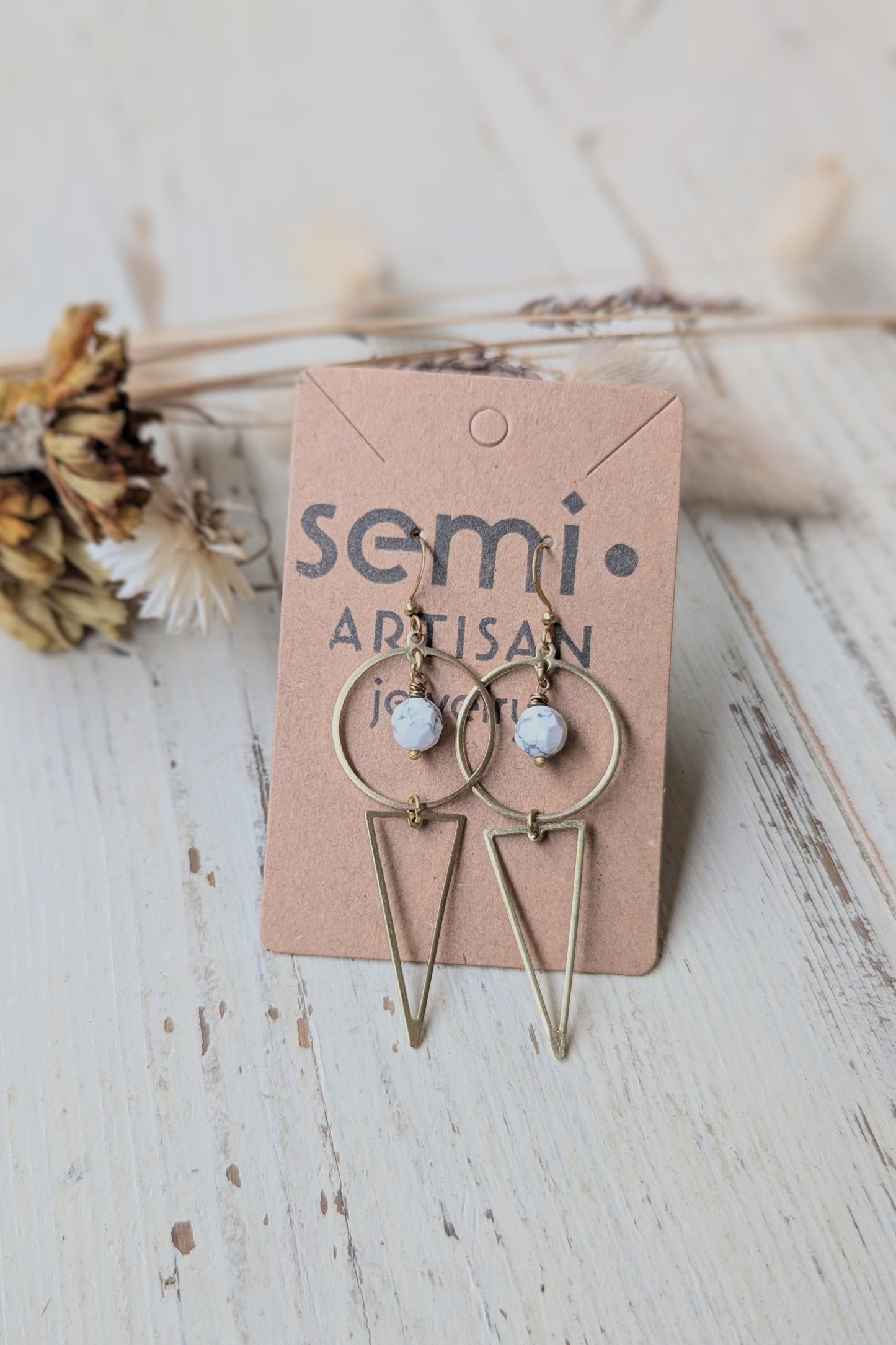 Faceted Gemstone + Geometric Brass Earrings