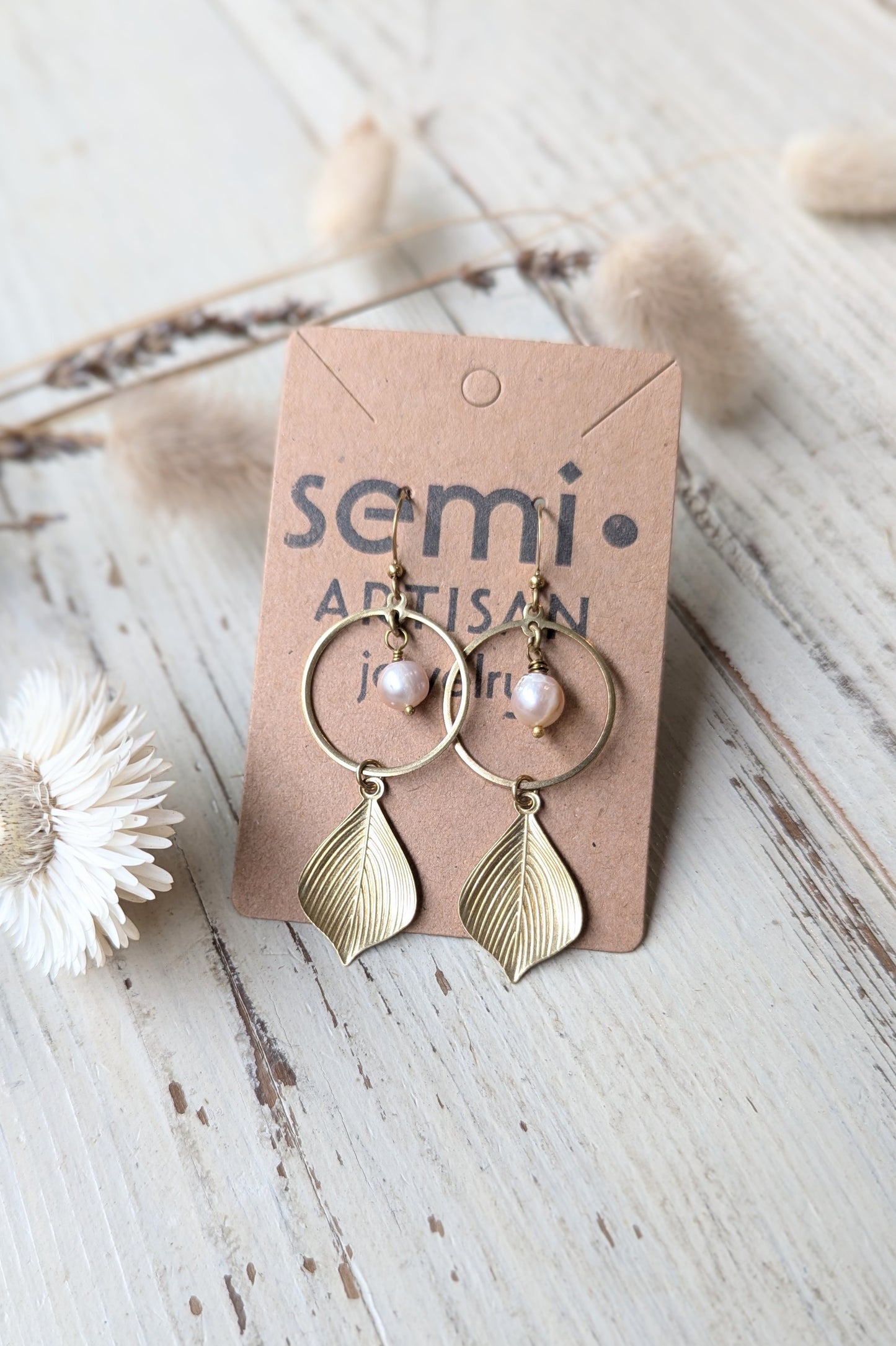 Gemstone + Brass Leaf Earrings