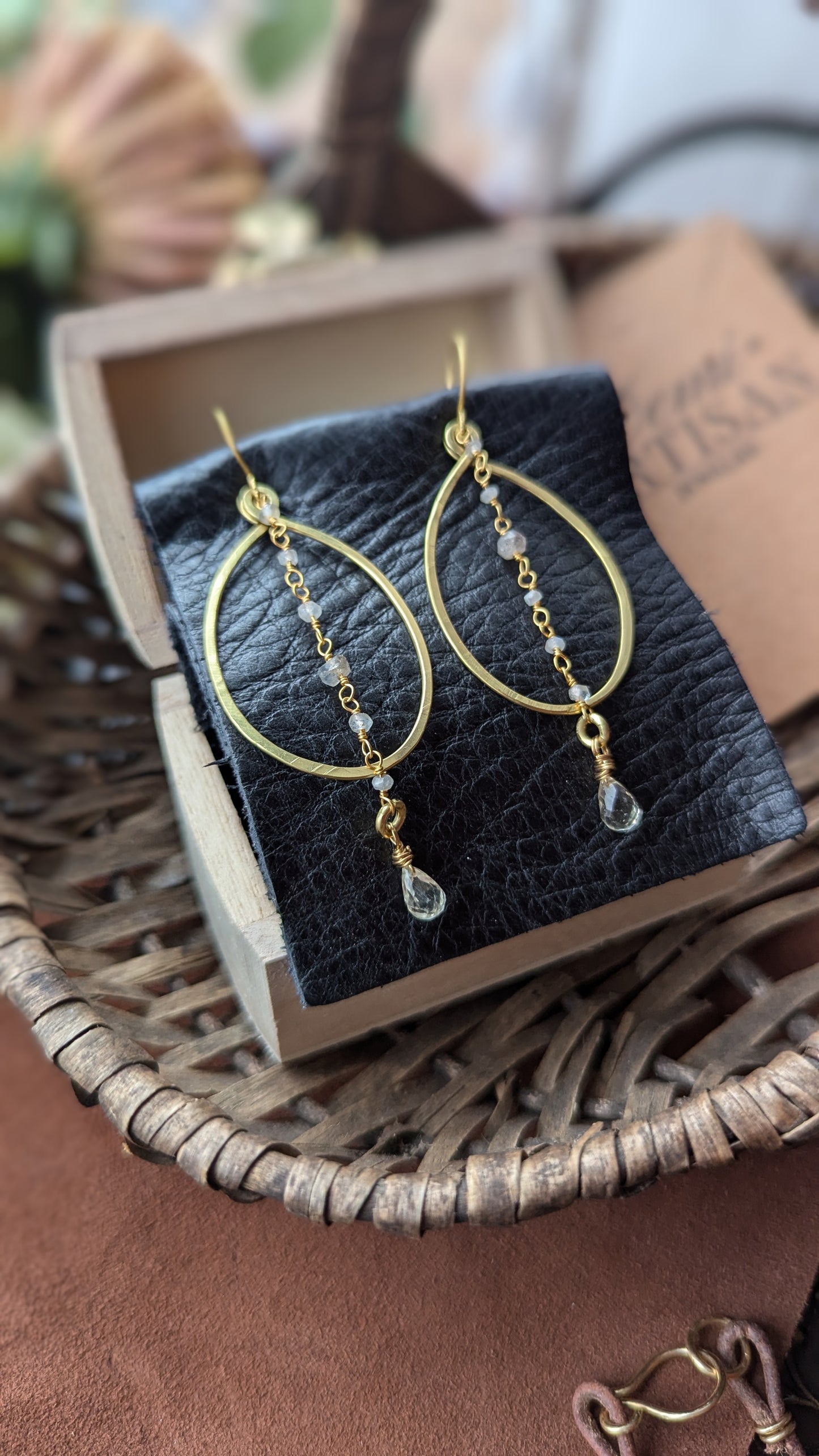 Handcrafted Yellow Brass Earrings with Moonstones, labradorite and Clear Topaz