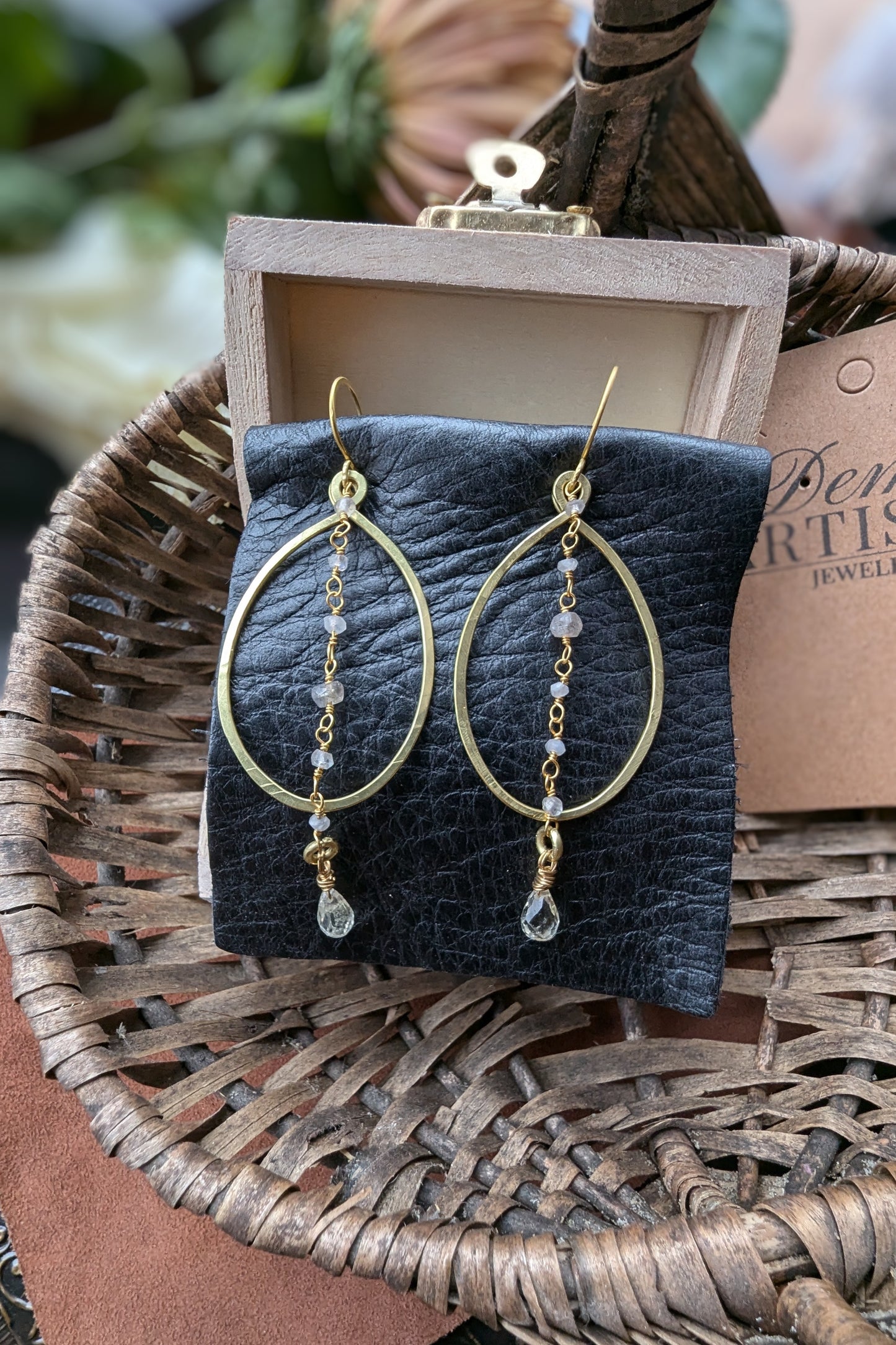 Handcrafted Yellow Brass Earrings with Moonstones, labradorite and Clear Topaz