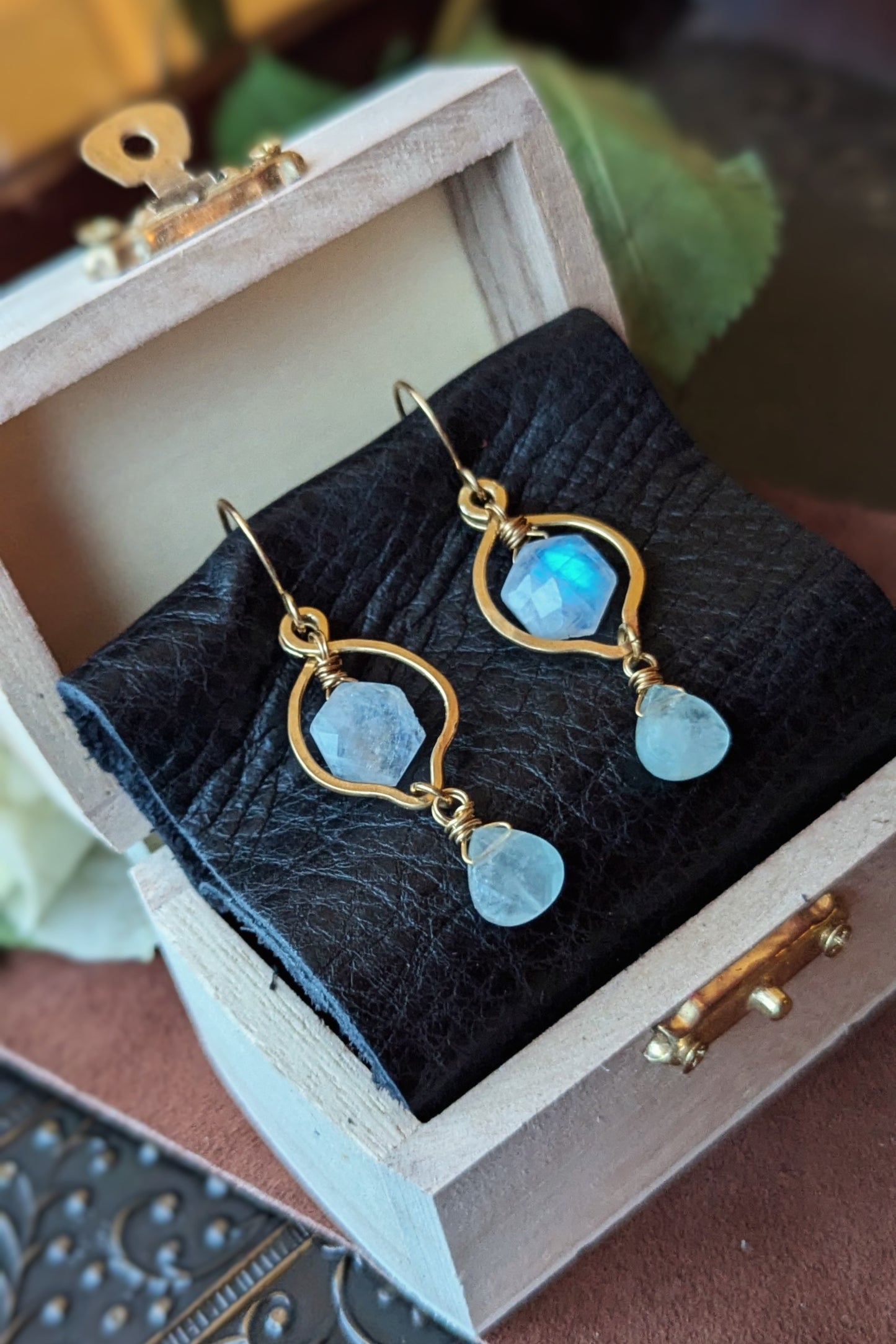 Handcrafted Brass Earrings with Moonstone and Aquamarine